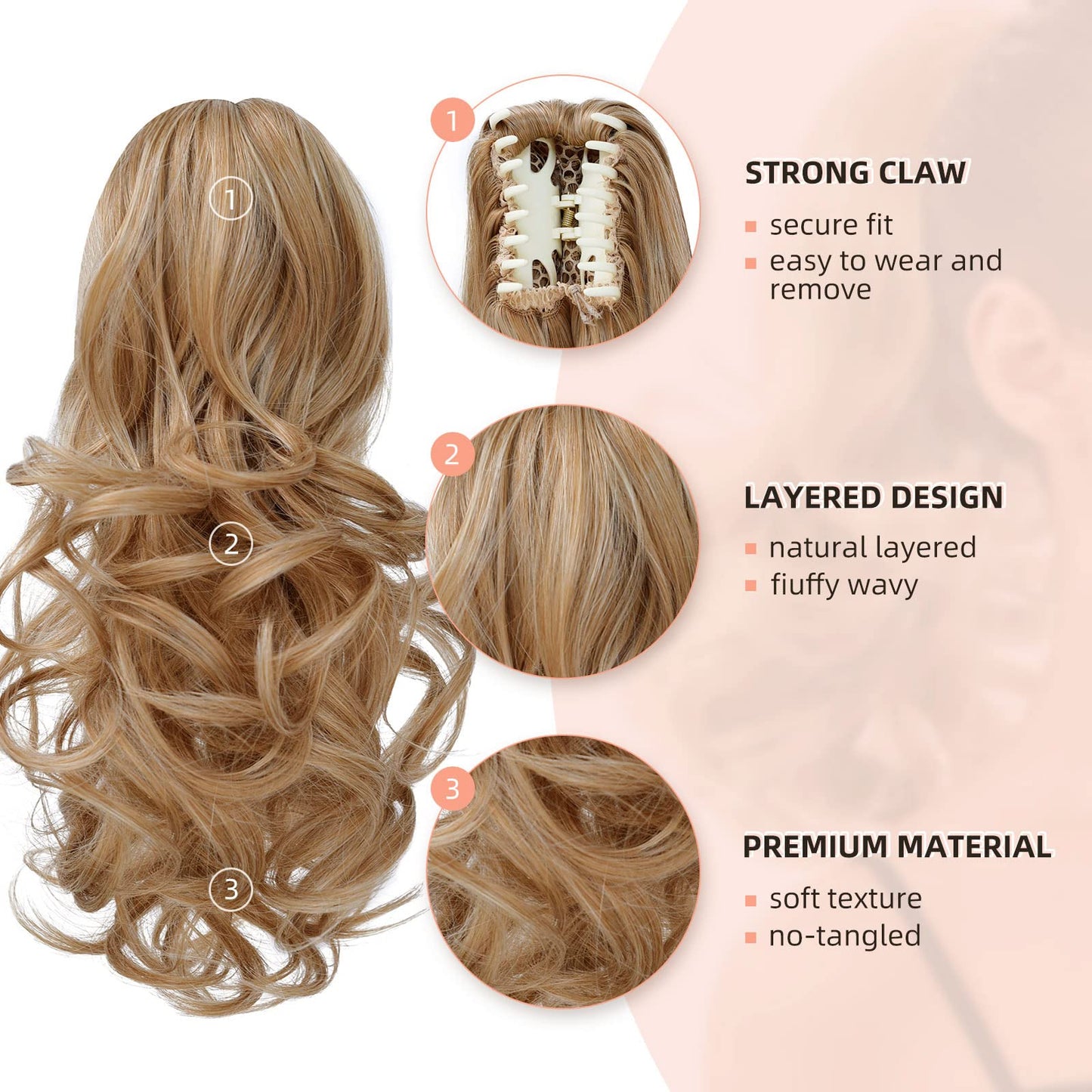 HEWEICSY Ponytail Extension, Hair Extensions Ponytail Claw 14" Wavy Fake Hair Curly Synthetic Ponytail Wig Clip Daily Fluffy Pony Tail Hair Piece for Women(Darkest Blonde)