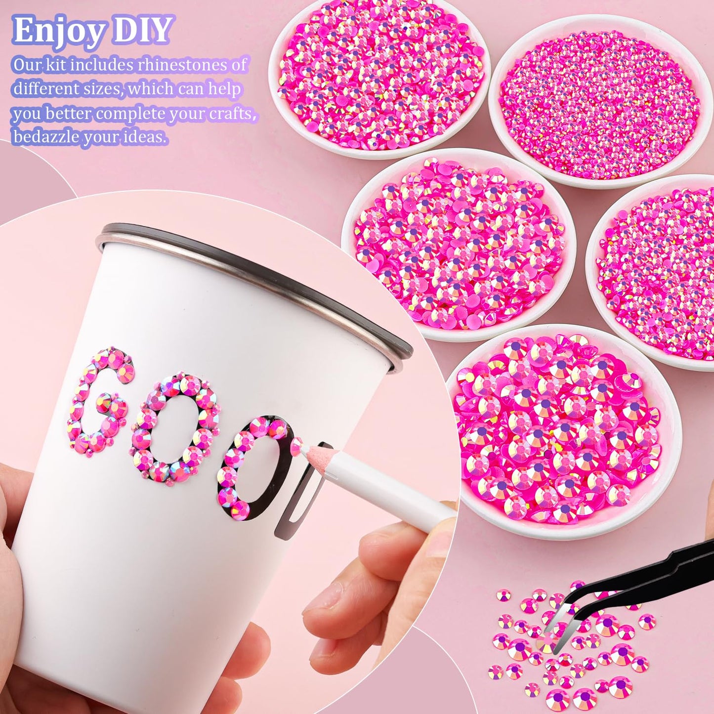 16000Pcs Resin Jelly Rhinestones with Tweezers for Crafting, Hot Pink AB 2-6mm Mixed Sizes Flatback Gems, Bedazzling Crystal for DIY Crafts Clothing Tumblers Mugs Shoes Fabric Nail Art
