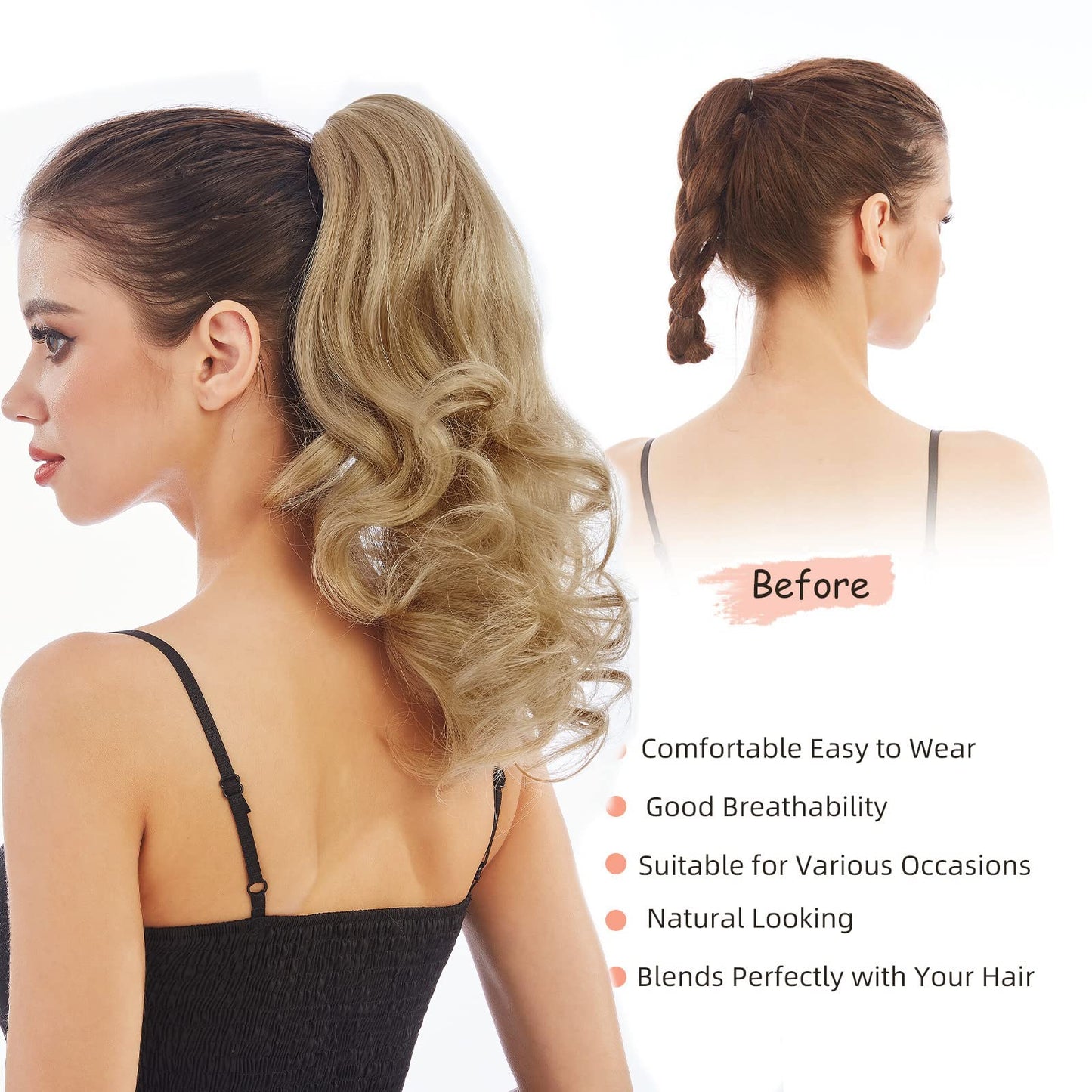 HEWEICSY Ponytail Extension, Hair Extensions Ponytail Claw 14" Wavy Fake Hair Curly Synthetic Ponytail Wig Clip Daily Fluffy Pony Tail Hair Piece for Women(Darkest Blonde)