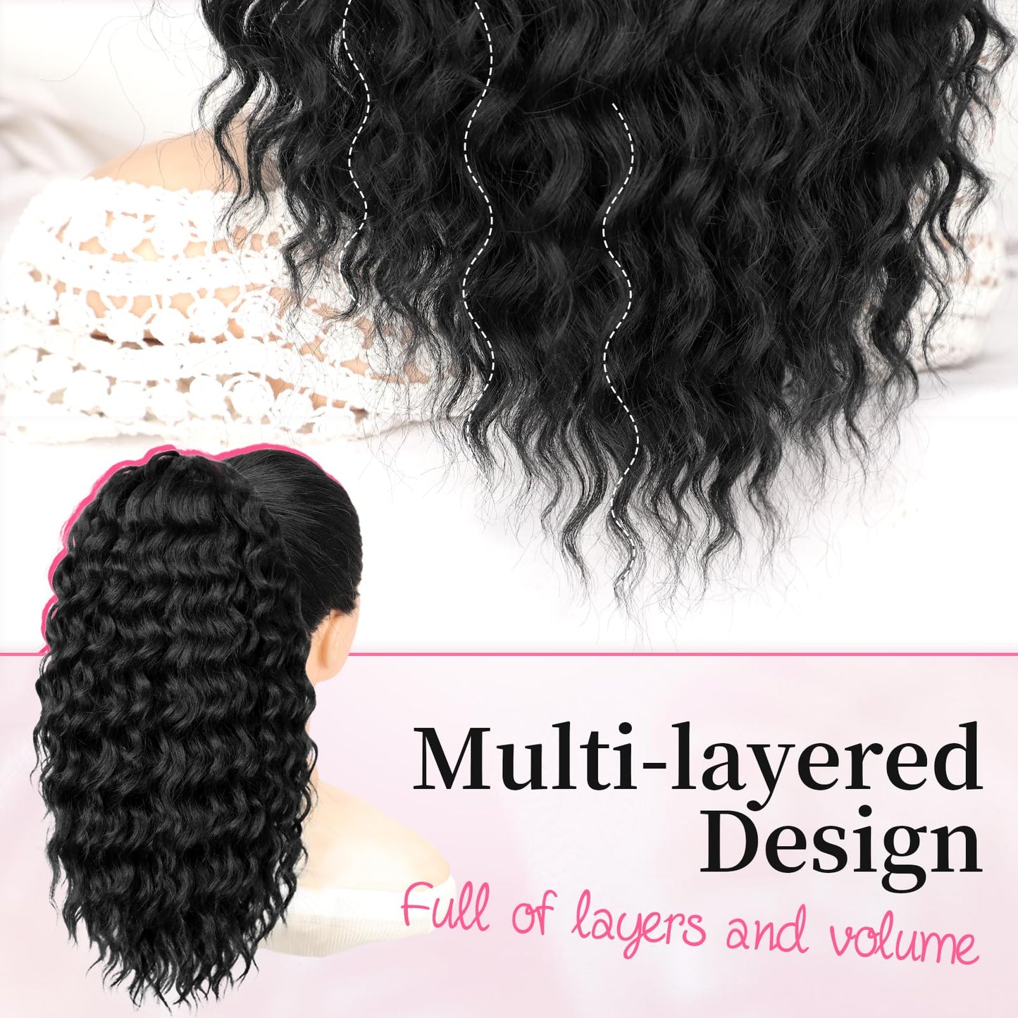 KooKaStyle Curly Ponytail Extension Fluffy Drawstring Ponytail Hair Extensions for Women Long Kinky Curly Wavy Pony Tail Synthetic Hairpiece for Daily Use(18Inch Natural Black Mixed Deep Orange)