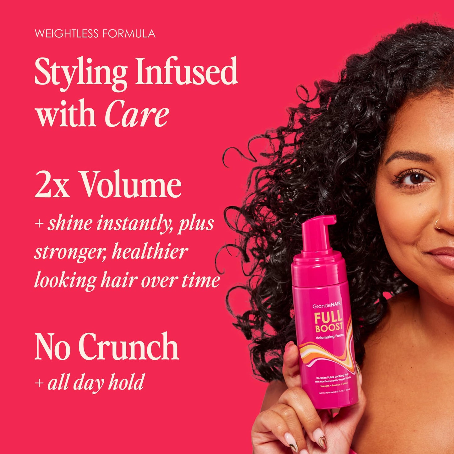 Grande Cosmetics Volumizing Hair Foam For Instant Volume, Body & Fuller Looking Hair, Hair Mousse for Curly Hair, Defines Curls, Non-sticky