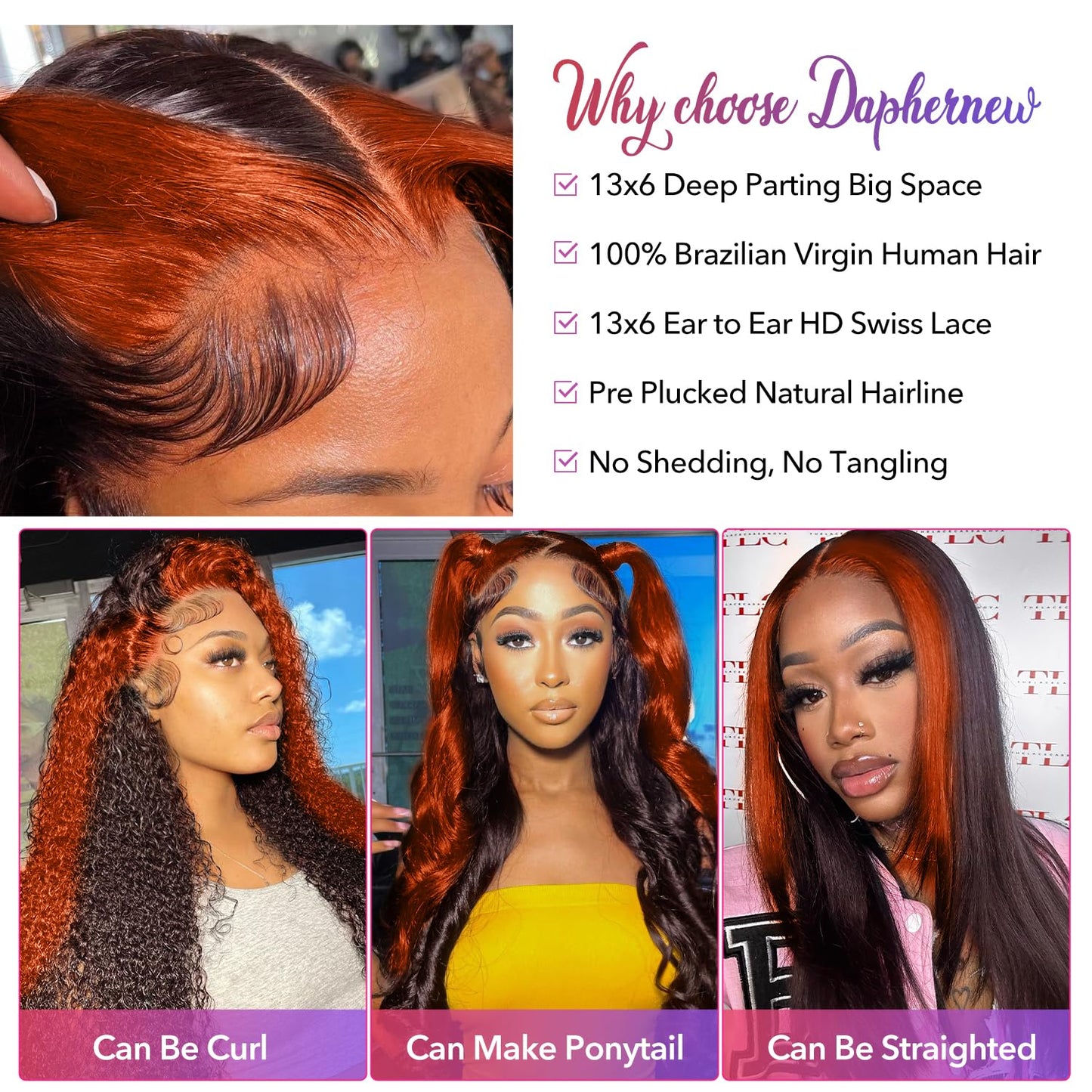 200% Density 13X6 Ginger Lace Front Wigs Human Hair Pre Plucked for Women Ombre 13X6 HD Transparent Ginger Orange Lace Front Wigs Human Hair Glueless Ginger Colored Lace Front Wigs Human Hair (26Inch)