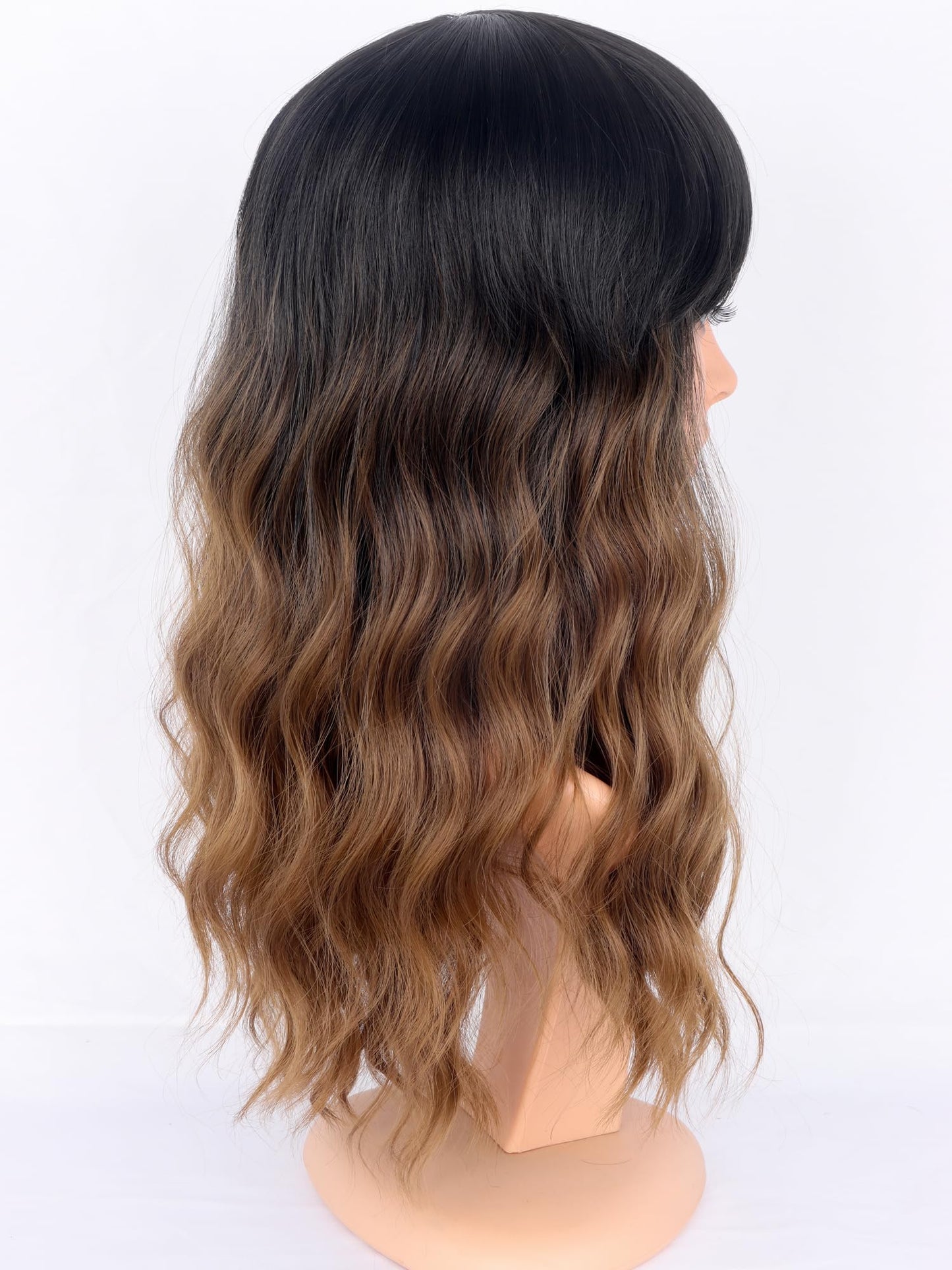 SYMEIW Ombre Brown Wavy Wigs with Bangs for Women Medium Length Brown Synthetic Wigs Natural Wavy Black To Brown Wigs Heat Resistant for Daily Party Use