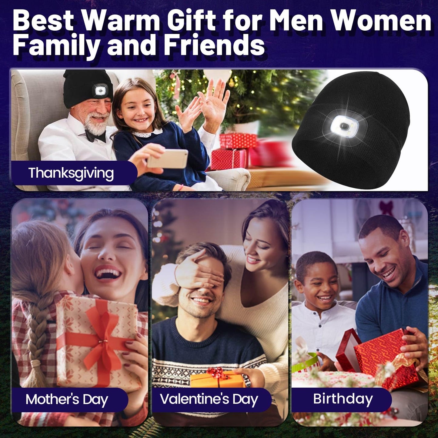 Unisex Beanie Hat with Light, USB Rechargeable LED Headlamp Cap Warm Knit Hats for Winter Safety，Gifts for Men Women Dad Black