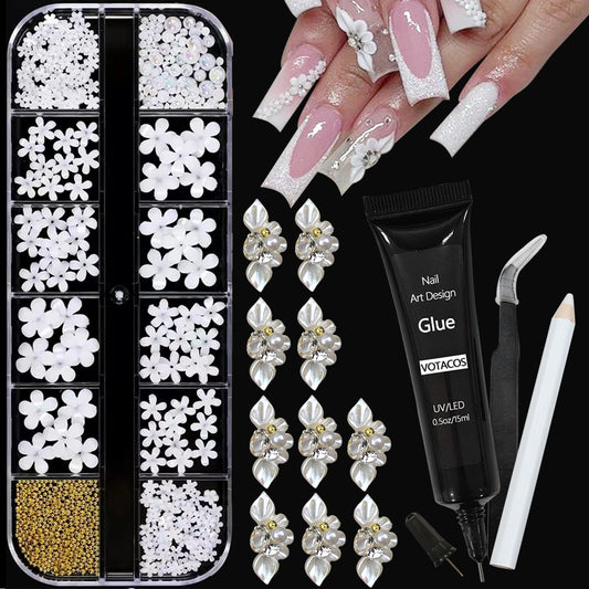 VOTACOS Nail Art Charms White Nail Rhinestones with Nail Glue Gel Flatback Pearls Nail Charms Luxurious Nail Supplies Accessories Gold Steel Ball Nail Gems Jewelry Pearls for Women Nail Design