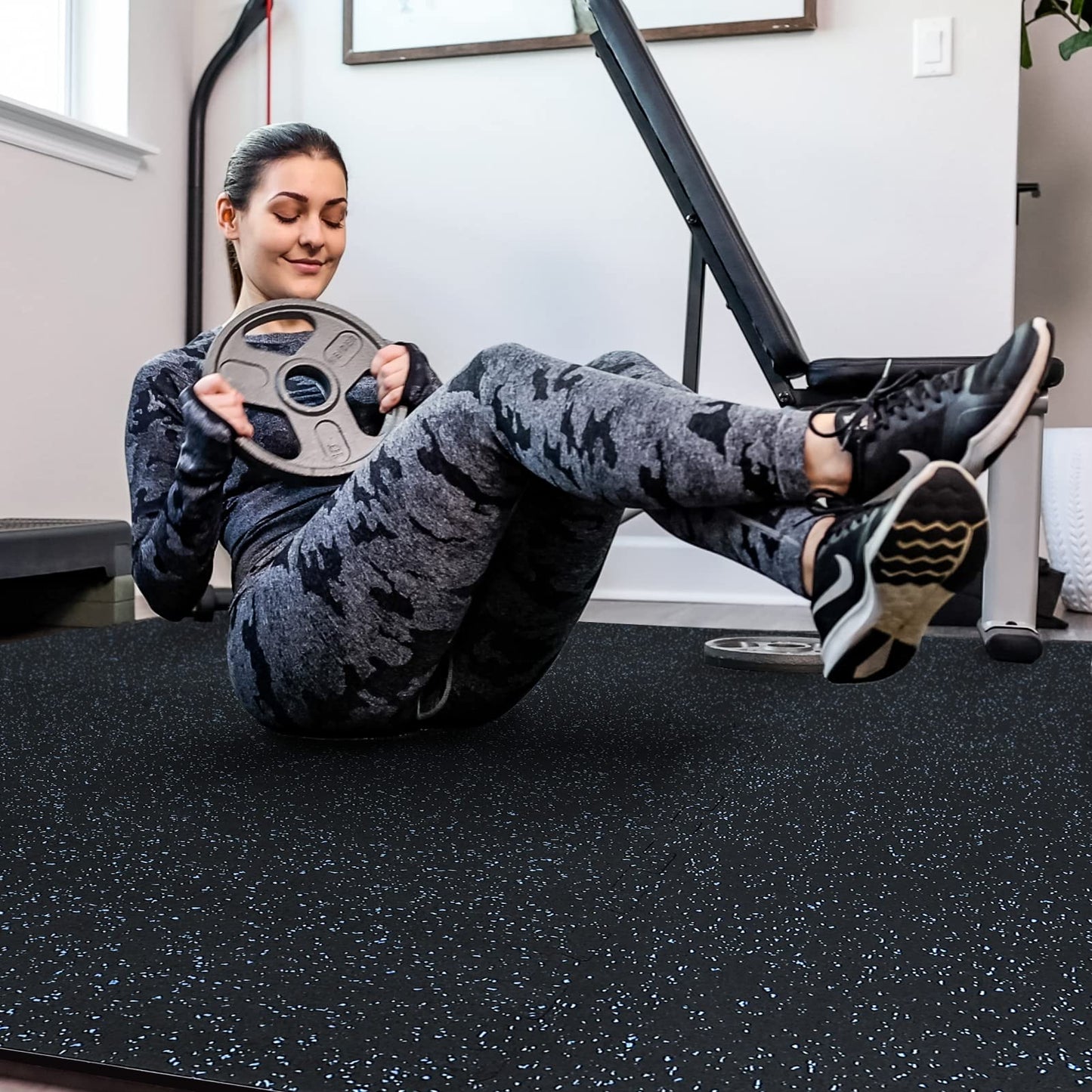 SUPERJARE 0.56'' Thick 12 Pcs 48 Sq Ft Rubber Top Exercise Equipment Mats, High Density EVA Foam Mats with Rubber Top, Interlocking Gym Flooring for Home Gym, Protective Workout Mat, Black/Blue
