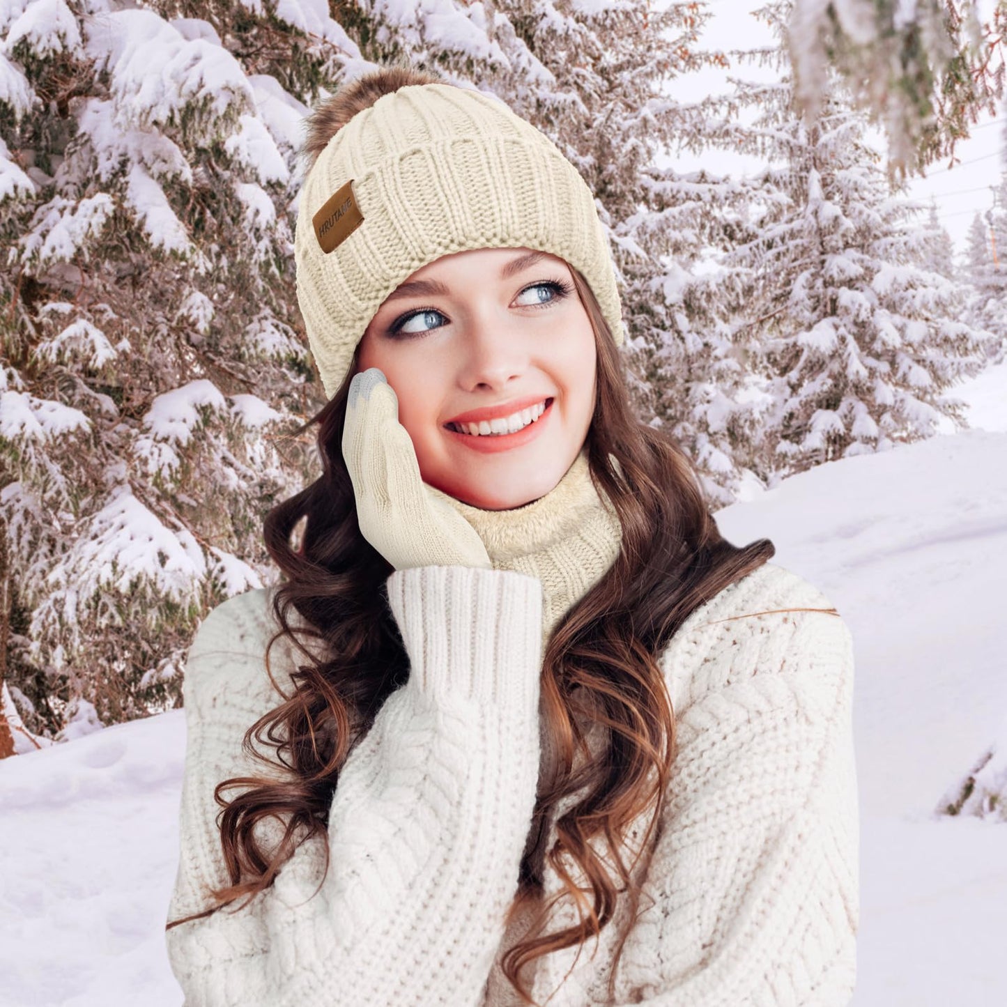 3 Pcs Winter Hat Scarf and Gloves Set for Women, Warm Knit Fleece Lined Beanies Neck Warmer Touchscreen Gloves, Stripe 02- Beige