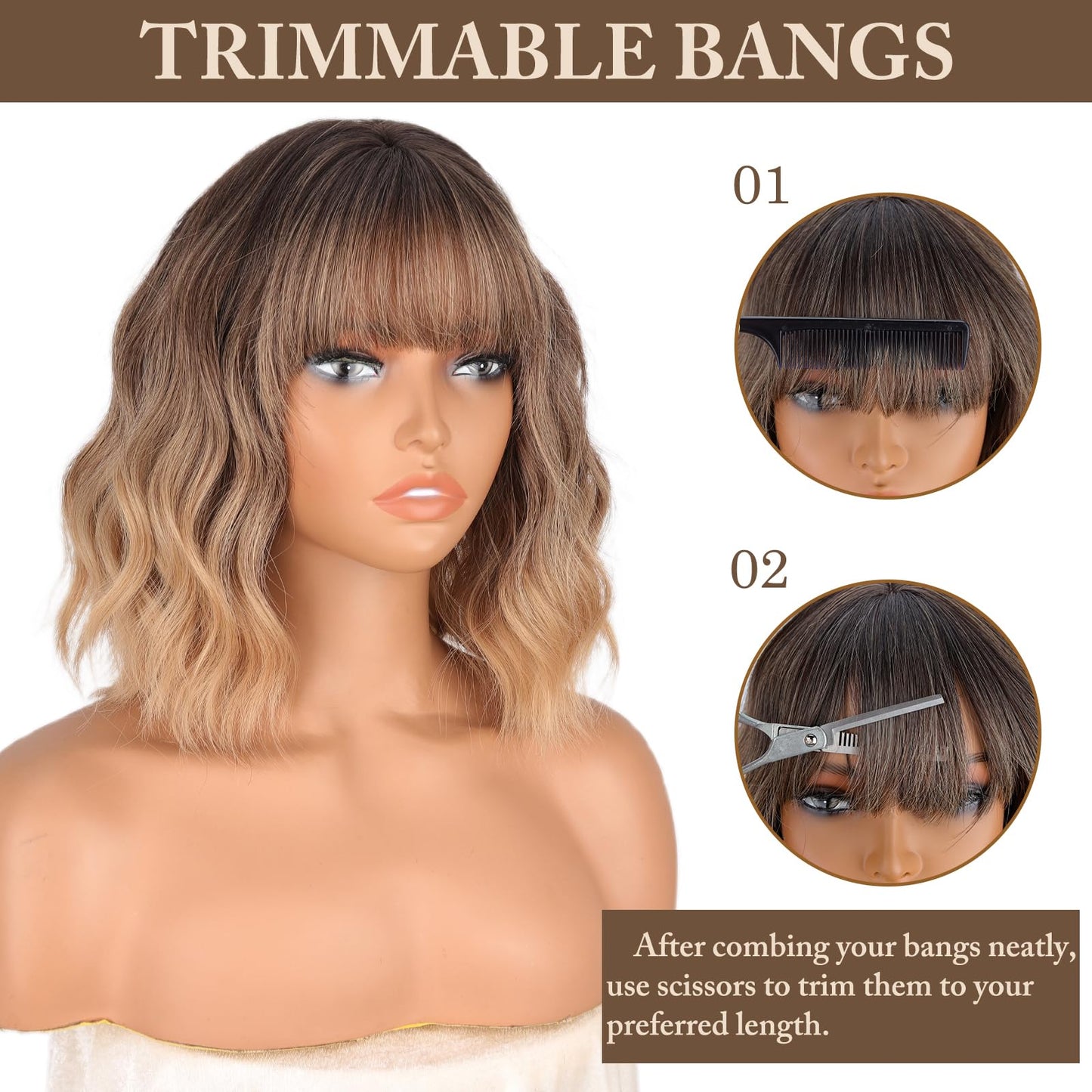 MISSQUEEN Ombre Blonde Wig with Bangs Short Wavy Brown Omber Blonde Wigs for Women Natural Looking Synthetic Heat Resistant Fiber Wig for Daily Party Cosplay Use