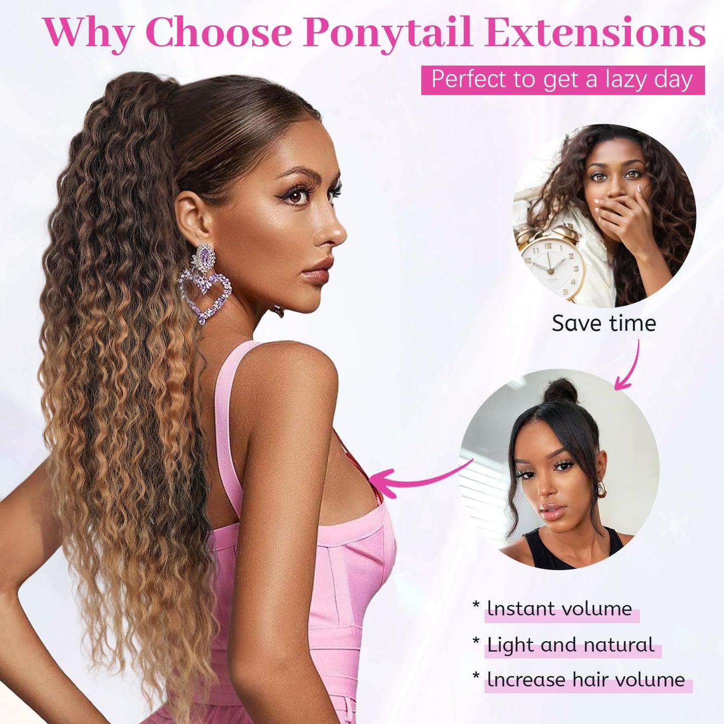 Isaic 26Inch Drawstring Ponytail Extensions for Women, Synthetic Long Curly Wavy Ponytail Gorgeous Pony Tails Hair Extensions for Daily Use(Ombre Medium Brown to Blonde)