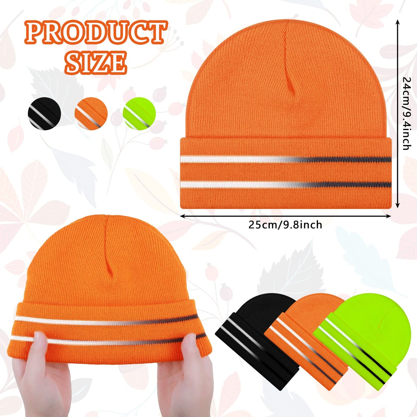 JenPen 3 Pieces Safety Beanie Reflective Hat Winter High Visibility Unisex Knit Beanie Construction Hat (Yellow, Orange, Black)