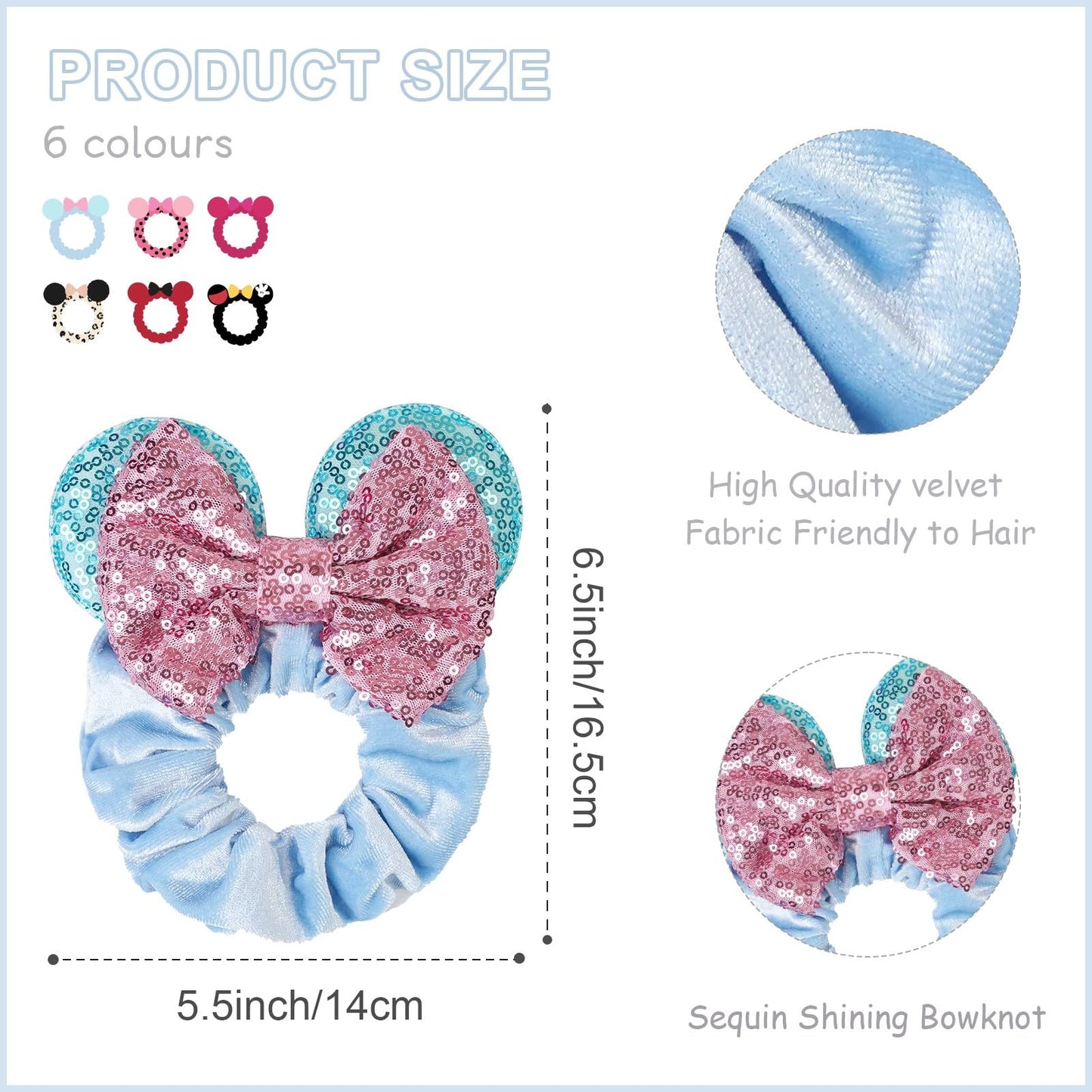 6 Pack Mouse Ears Scrunchies Velvet Scrunchies Sparkle Sequin Mouse Bows Hair Scrunchies Hair Ties Elastic Rubber Bands Ponytail Holders for Kids Women Girls Christmas Party Decoration
