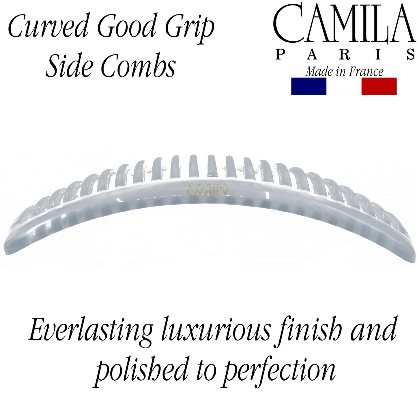 Camila Paris CP2911 French Side Combs Large Curved, Clear French Twist Hair Combs Decorative, Strong Hold Hair Clips for Women Bun Chignon Up-Do, No Slip Styling Girls Hair Accessories, Made in France