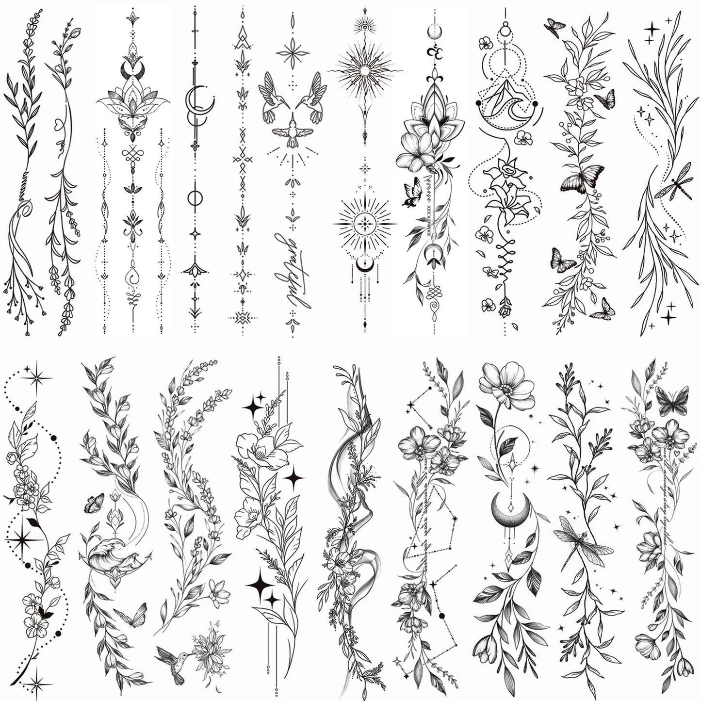 Tazimi Temporary Tattoos For Women Girls-24 Sheets Branch Flower Leaf Wild Plants Sketch Realistic Long-lasting Tattoo Stickers Waterproof Tattoo Sets for Arm Collarbone Leg Backbone Body Art