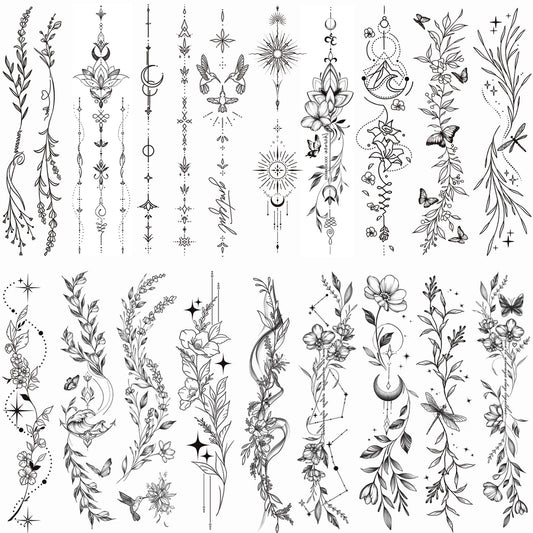 Tazimi Temporary Tattoos For Women Girls-24 Sheets Branch Flower Leaf Wild Plants Sketch Realistic Long-lasting Tattoo Stickers Waterproof Tattoo Sets for Arm Collarbone Leg Backbone Body Art