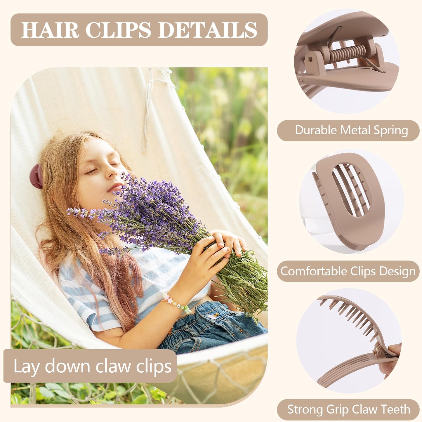6 PCS Flat Hair Clips for Women, French Design Flat Hair Claws, Secure Hold Inner Teeth Hair Claw Clips, Strong Hold Side Hair Clips for Thick Thin Hair