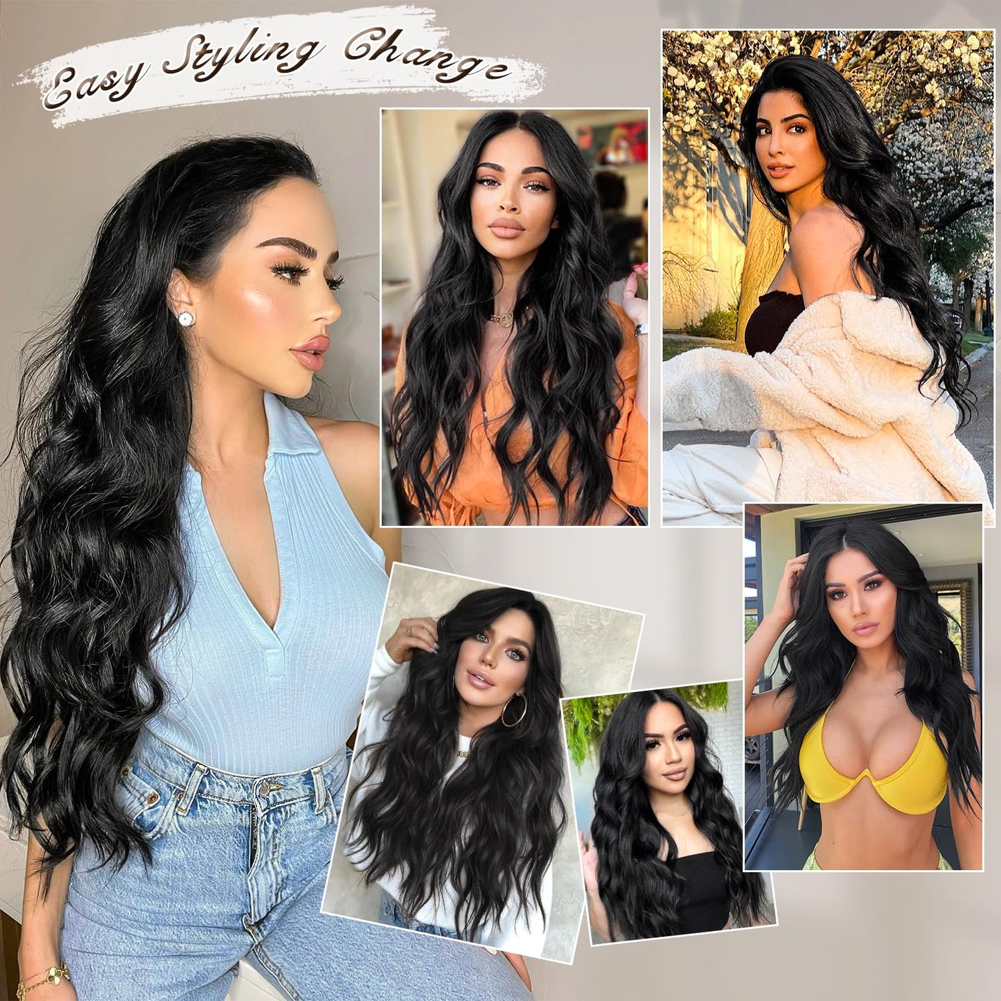 FREEMEIGE Clip in Synthetic Hair Extensions - Long Wavy 4PCS Thick Hairpieces Fiber Double Weft Natural Hair Extensions - 20 Inch for Women