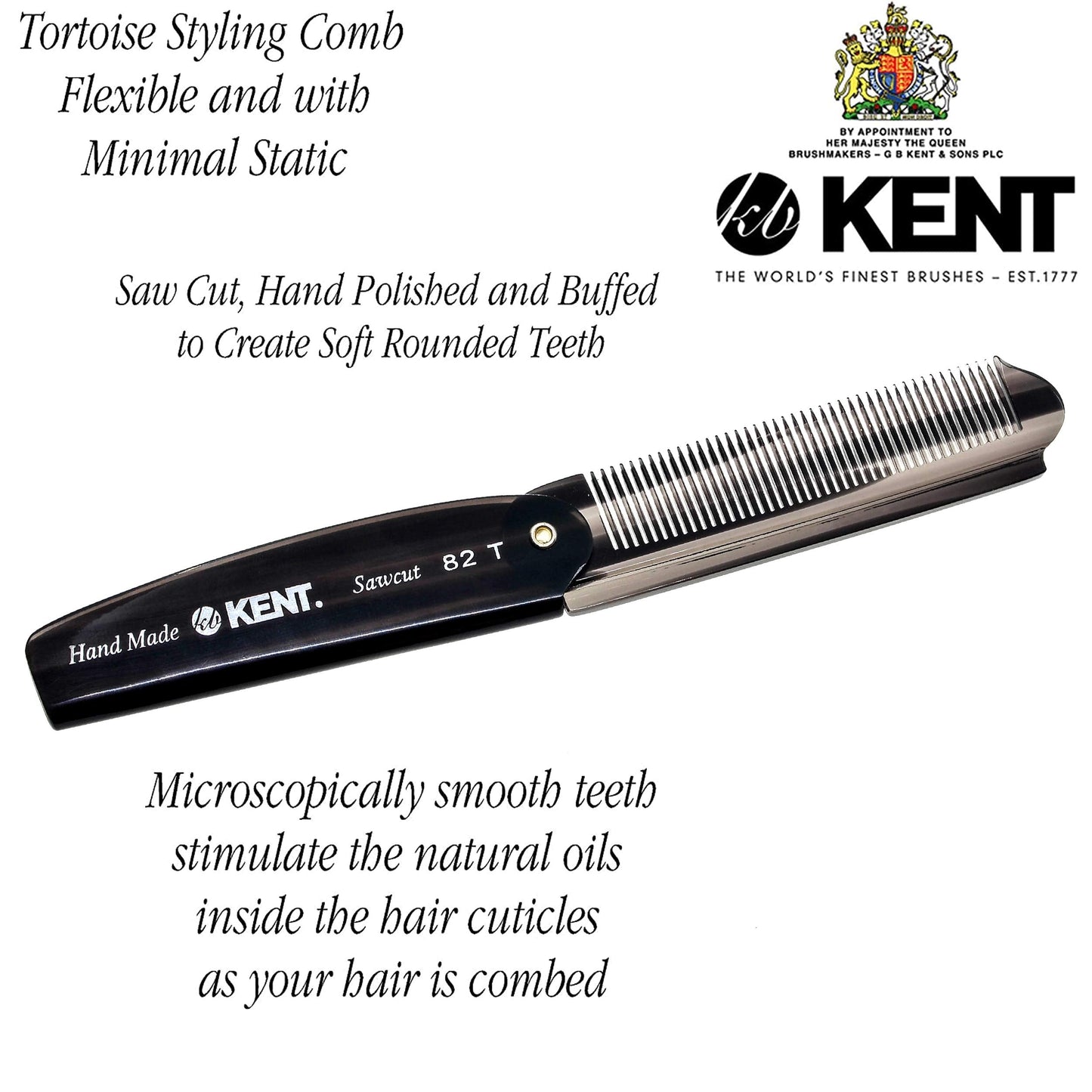 Kent 82T Handmade Folding Pocket Comb for Men, Fine Tooth Hair Comb Straightener for Everyday Grooming Styling Hair, Beard or Mustache, Use Dry or with Balms, Saw Cut Hand Polished, Made in England