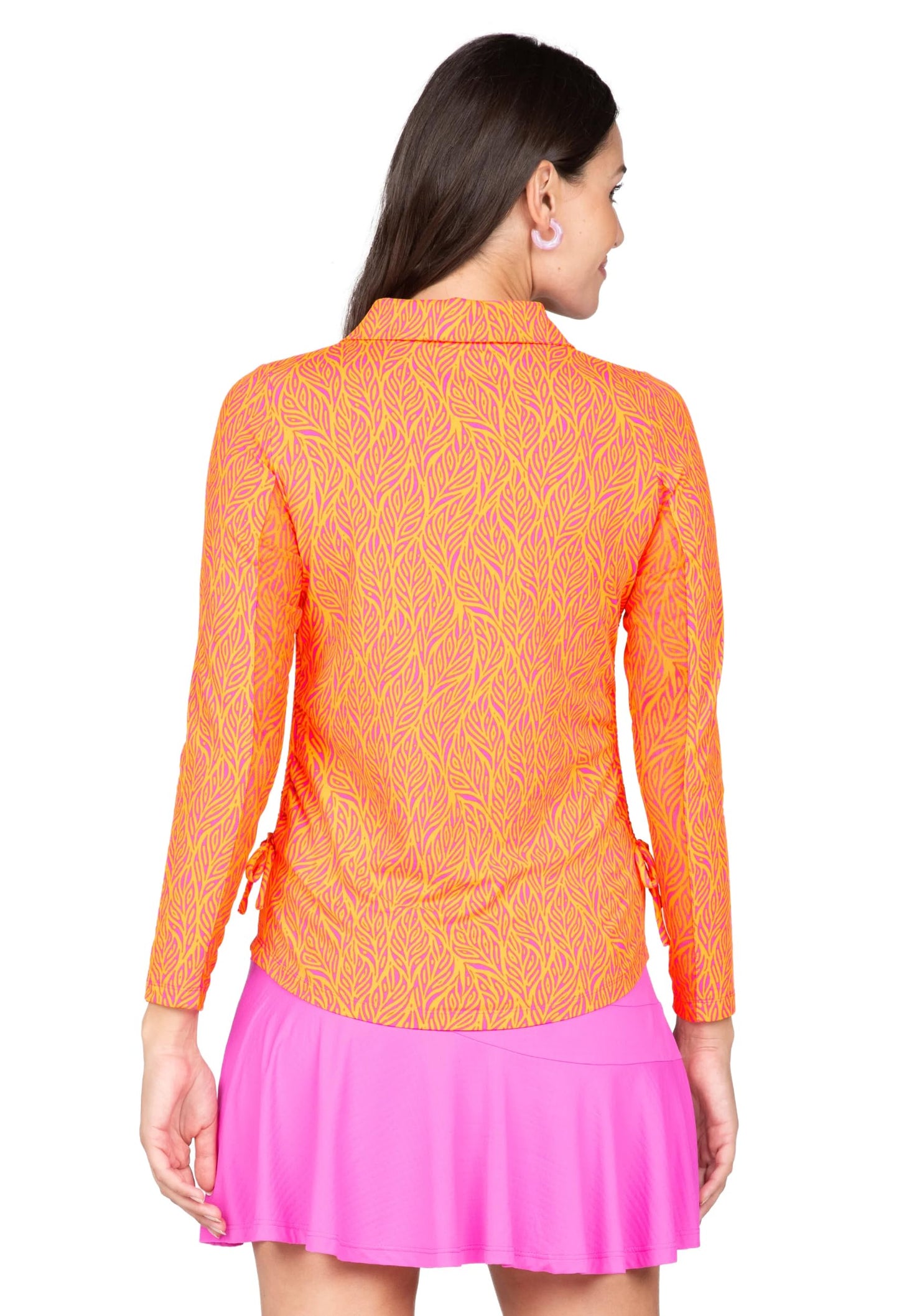 IBKUL Athleisure Wear Sun Protective UPF 50+ Icefil Cooling Tech Sally Print Adjustable Length Long Sleeve Polo - 48655 Orange Peel/Hot Pink Sally M