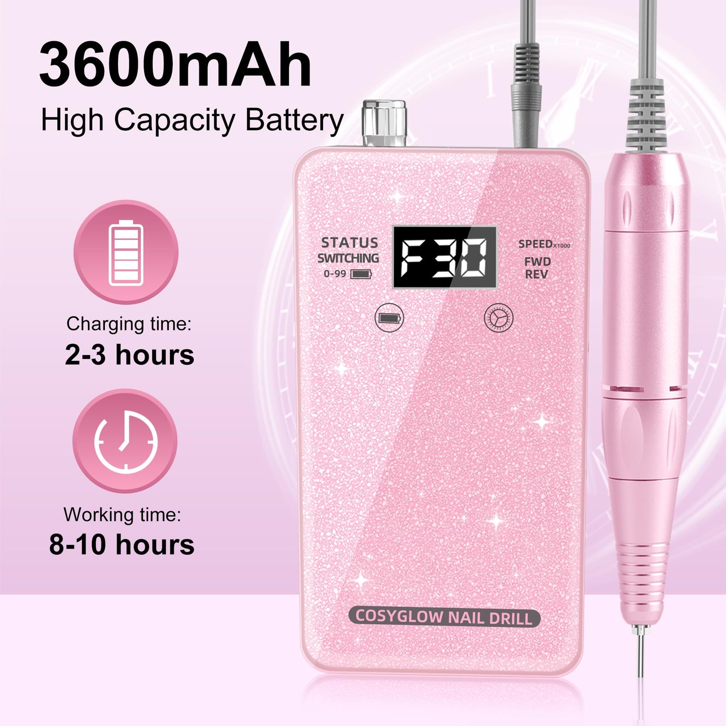Professional Electric Nail Drill File:COSYGLOW Glitter Portable Cordless E-File Nail Drill Kit with 11 Nail Drill Bits,30000 RPM Rechargeable Nail Drill Machine for Acrylic Nails Gel Polishing(Pink)