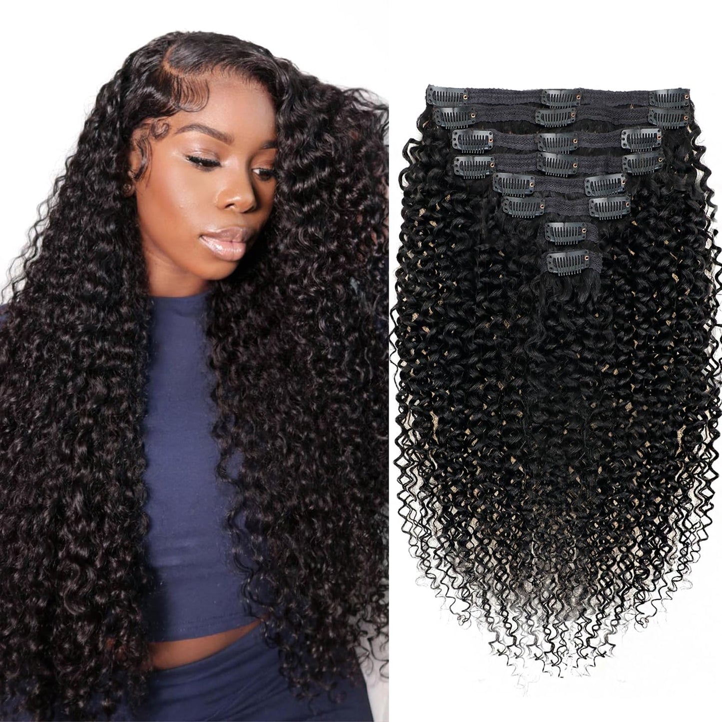 3c 4a Curly Clip in Hair Extensions Real Human hair Clip ins For Women Brazilian Virgin Curly Clip ins Human Hair Extensions Clip on Hair 8pcs/120g/pack(18inch,#1B)