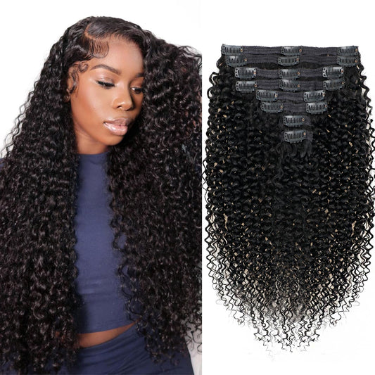 3c 4a Curly Clip in Hair Extensions Real Human hair Clip ins For Women Brazilian Virgin Curly Clip ins Human Hair Extensions Clip on Hair 8pcs/120g/pack(18inch,#1B)