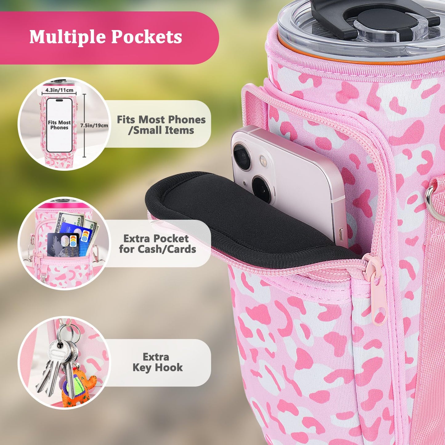 Water Bottle Carrier Bag with Phone Pocket Compatible with Stanley/Meoky 40 oz Tumbler with Handle,Neoprene Water Bottle Holder Pouch with Adjustable Strap Compatible with Stanley Cup Accessories