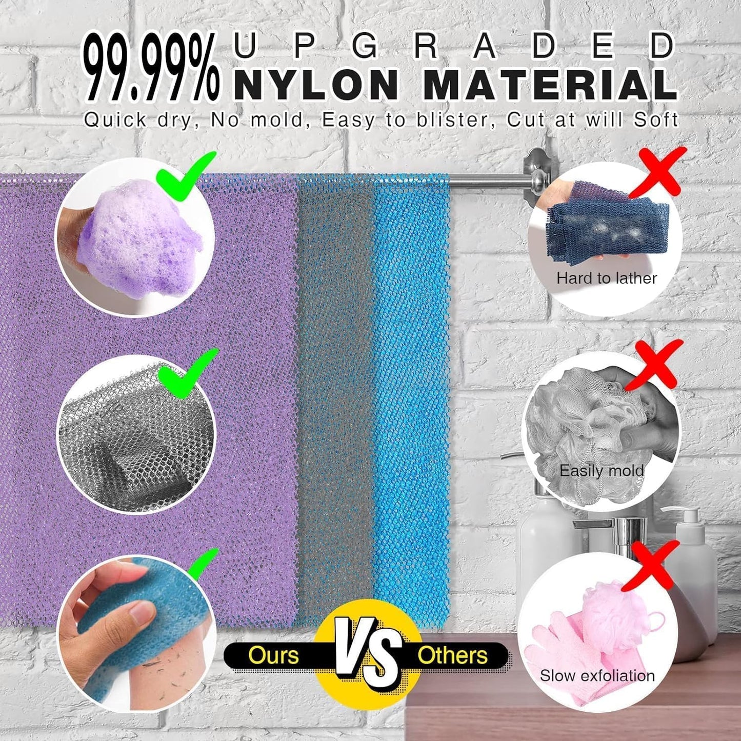 3 Pieces African exfoliating net African Net Long Net Bath Sponge Exfoliating Shower Body Scrubber Back Scrubber Skin Smoother,Great for Daily Use (Purple Gray Blue)