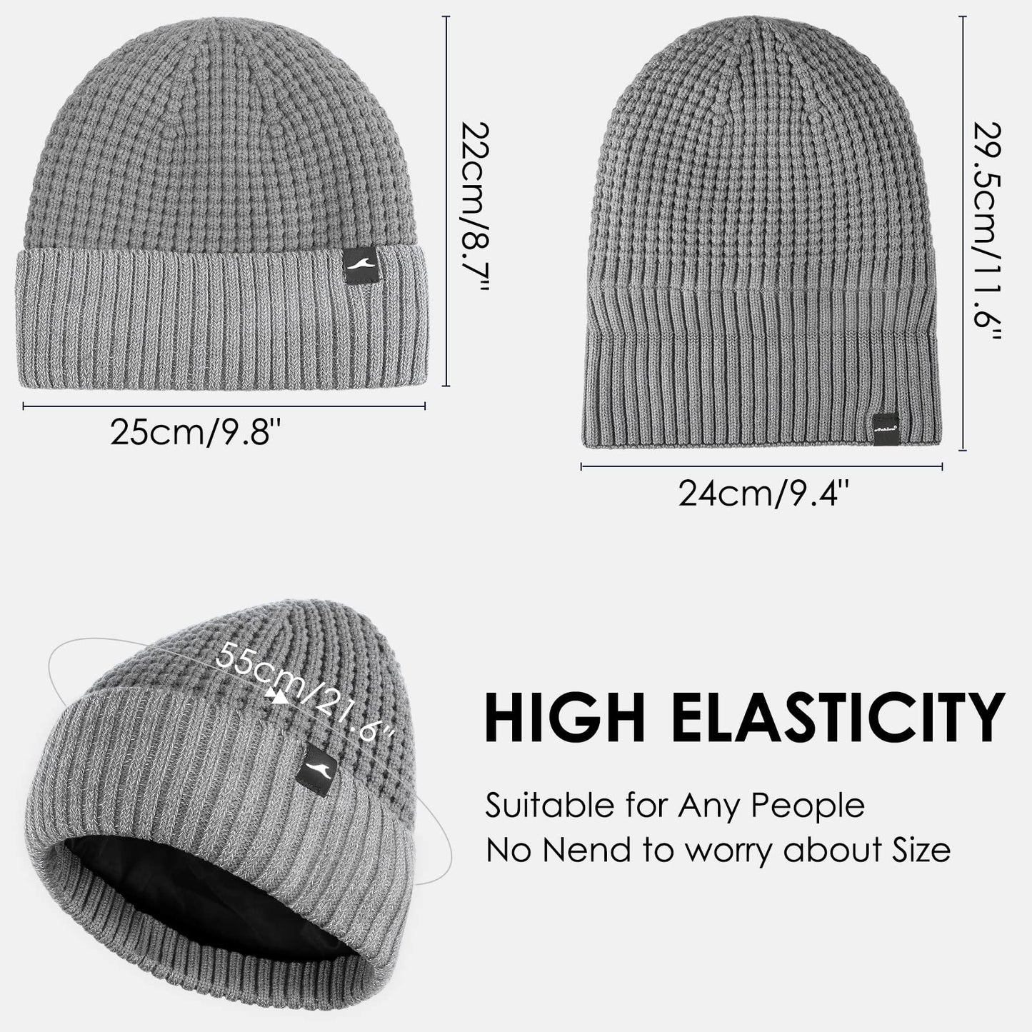 Achiou Winter Reflective Beanie Hat for Men Women, Warm Cuffed Winter Knit Hat Cap for Running Outdoor Sports High Visibility Grey