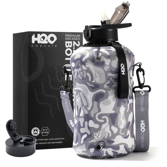H2O Capsule 2.2L Half Gallon Water Bottle with Storage Sleeve and Covered Straw Lid – BPA Free Large Reusable Drink Container with Handle - Big Sports Jug, 2.2 Liter (74 Ounce) Camo Cats