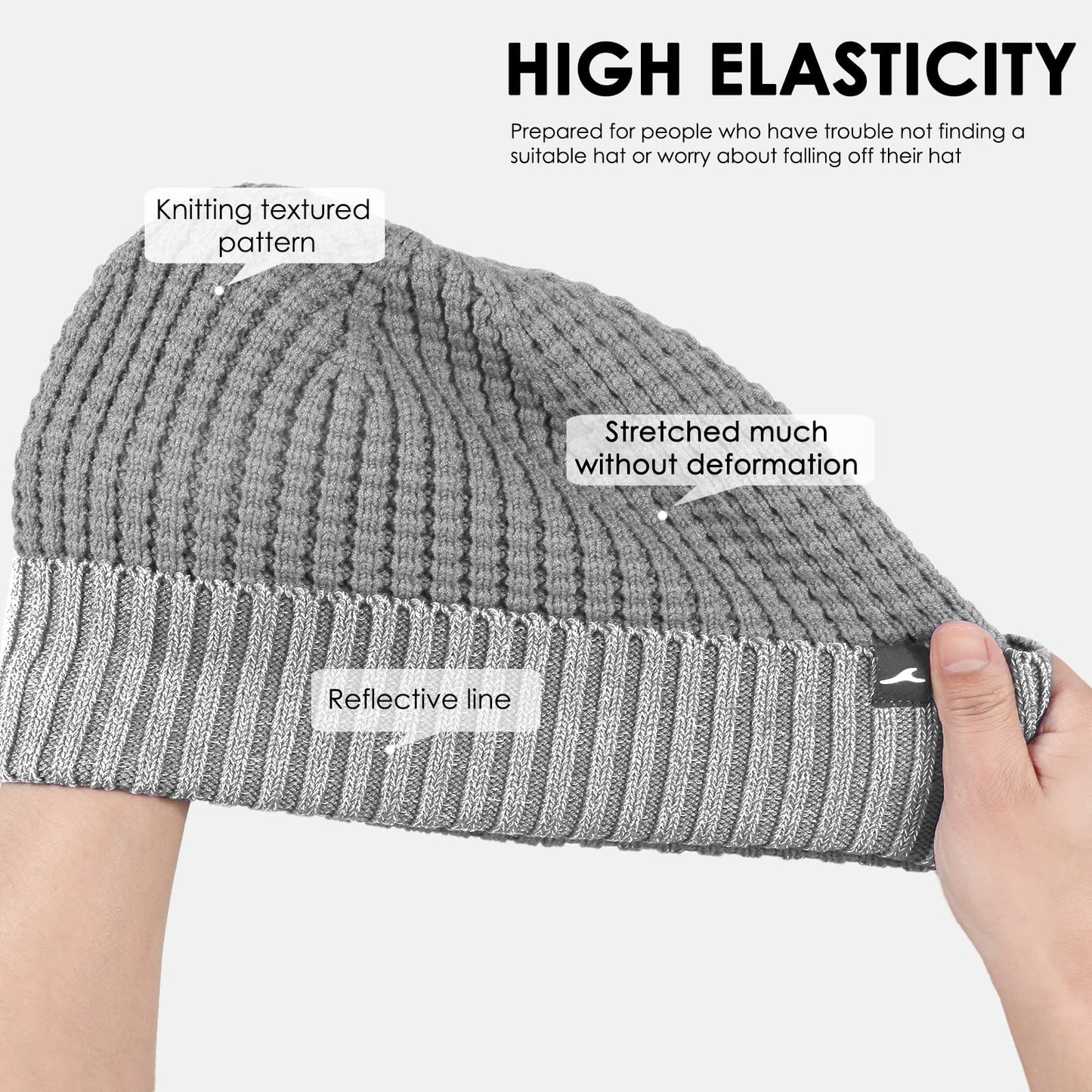 Achiou Winter Reflective Beanie Hat for Men Women, Warm Cuffed Winter Knit Hat Cap for Running Outdoor Sports High Visibility Grey