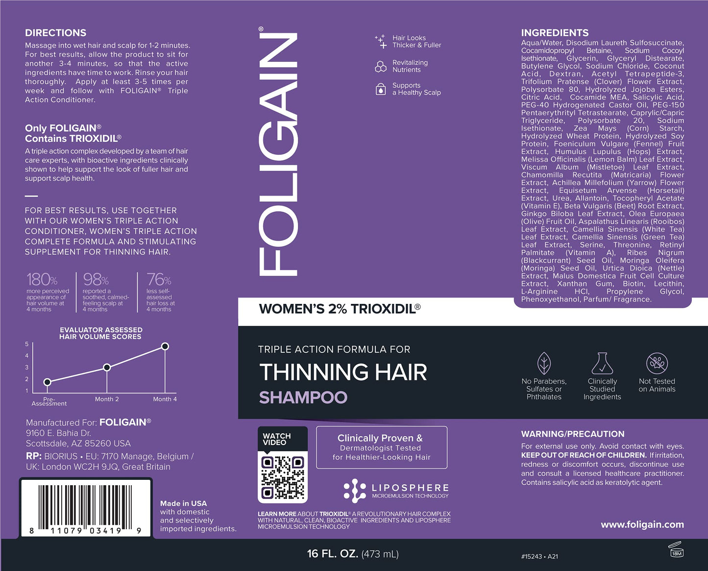 Foligain Triple Action Shampoo For Thinning Hair For Women with 2% Trioxidil | Hair Stimulating Shampoo | Women's Volumizing Shampoo (16oz), 15243