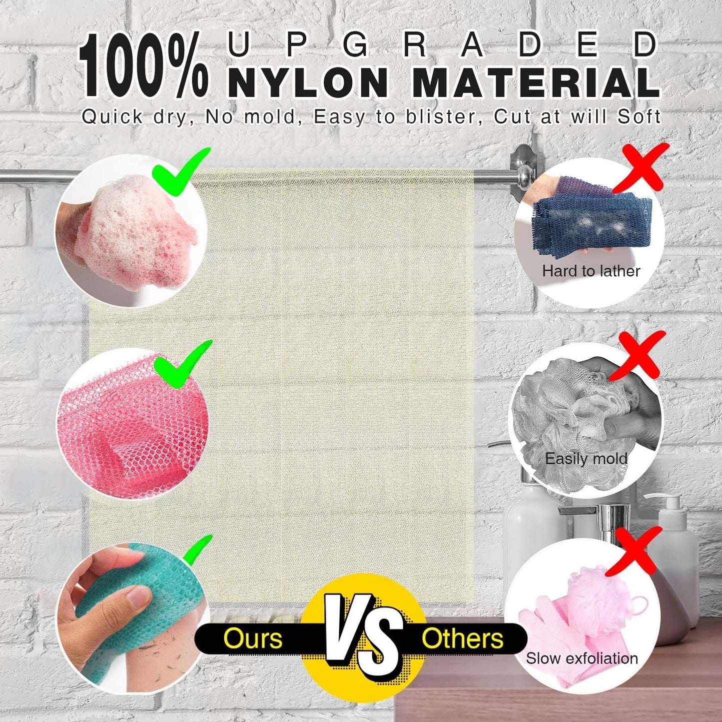 3 Pieces African Net Sponge, African exfoliating net African Net Long Net Bath Sponge Exfoliating Shower Body Scrubber Back Scrubber Skin Smoother（Pink, Green, Off-White）