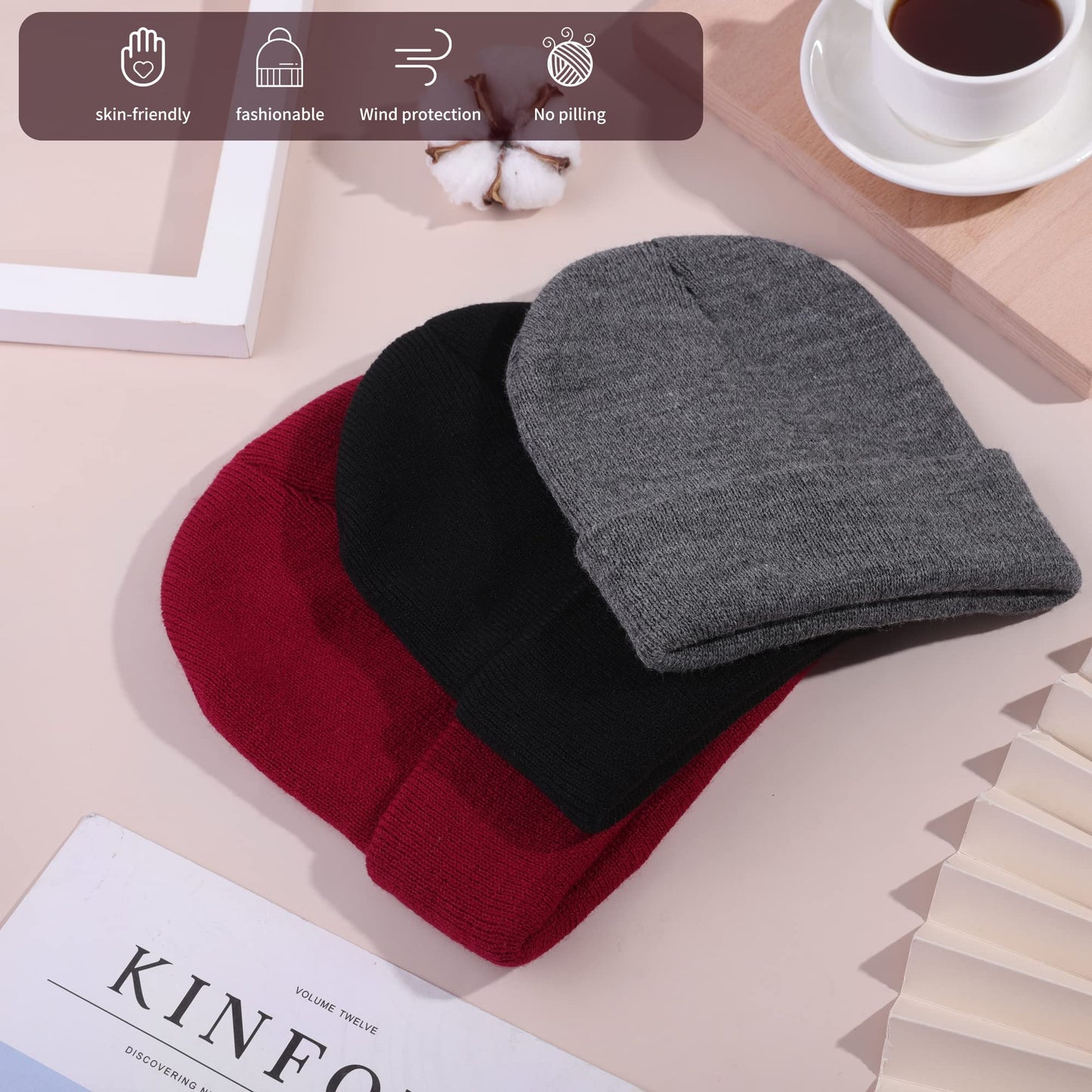 Cooraby 3 Pack Unisex Winter Skull Cap Beanies Knitted Cuff Hats Caps Roll-up Edge Beanie Hats for Men Women Outdoors