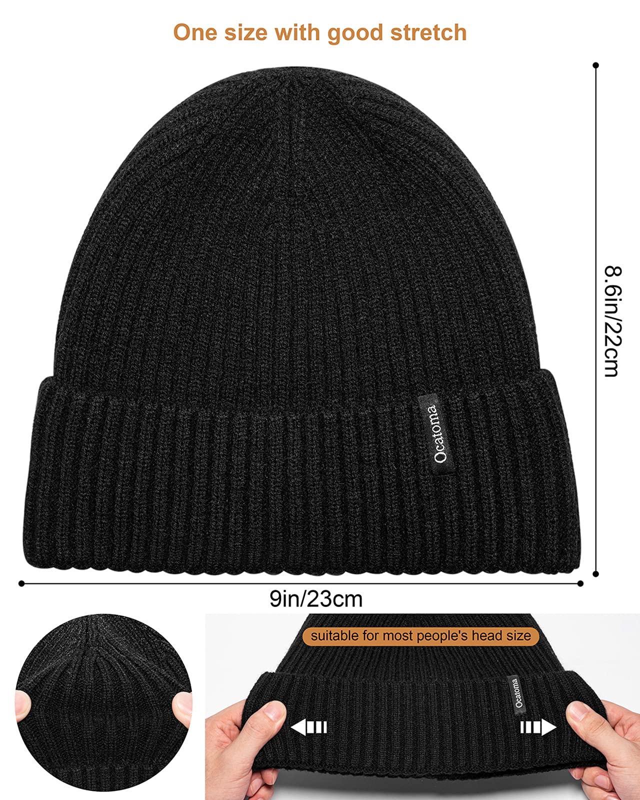 Ocatoma Beanie for Men Women Warm Winter Knit Cuffed Beanie Soft Warm Ski Hats Unisex Black