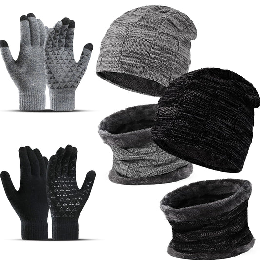 ABUDDER 6 Pieces Winter Beanie Hat Gloves Scarf Set for Men Women,Knit Fleece Lined Winter Hat Touchscreen Gloves Neck Warmer Set for Cold Weather