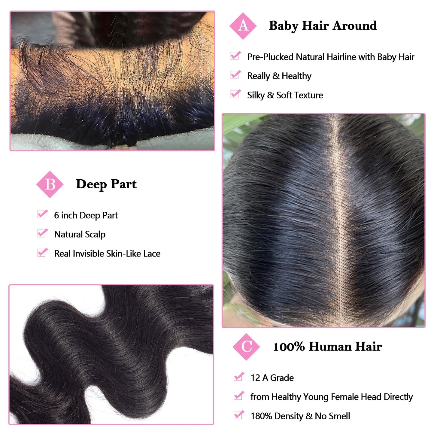 16 Inch 13x4 HD Lace Closure Only Body Wave 12A Brazilian Skin-Like Closure Human Hair 100% Virgin Remy Hair Frontal HD Lace Pre Plucked With Baby Hair Natural Black