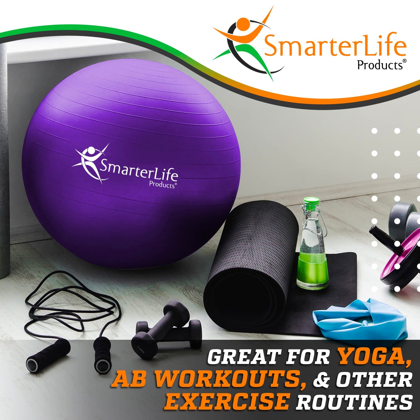 SmarterLife Workout Exercise Ball for Fitness, Yoga, Balance, Stability, or Birthing, Great as Yoga Ball Chair for Office or Exercise Gym Equipment for Home, Non-Slip Design (45 cm, Purple)
