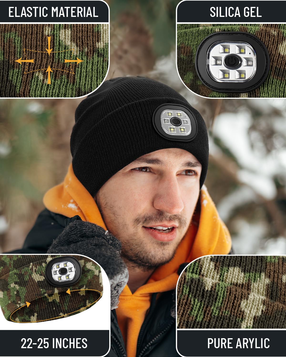 Rechargeable LED Beanie Headlamp - Unisex Winter Knit Cap with Hands Free Flashlight for Fishing, Running, Camping Camouflage