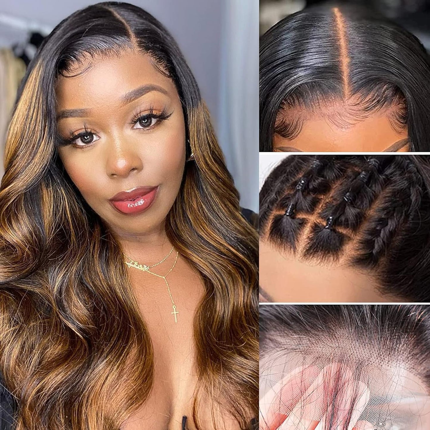 haha Body Wave Ombre Lace Closure Wig Human Hair 1B/30 Brown Highlight Lace Front Wig 4x4 Honey Blonde Highlight Wig Human Hair Glueless Pre Plucked Bleached Knots 150% Density Balayage 14 Inch