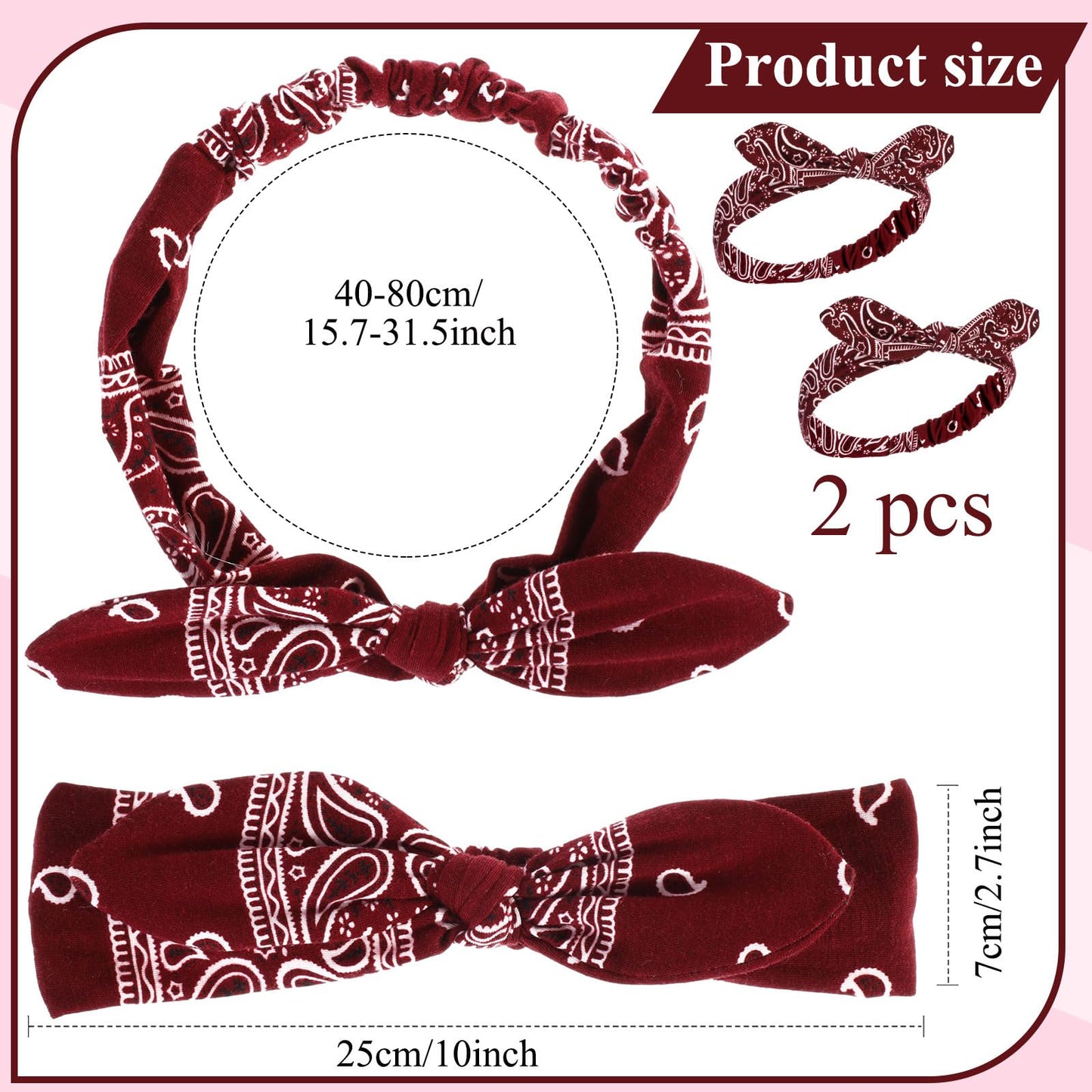 2 Pieces Bandana Headband for Women, Knot Retro Print Headbands Paisley Print Headband Headwrap Adjustable Headwrap(Deep Red)