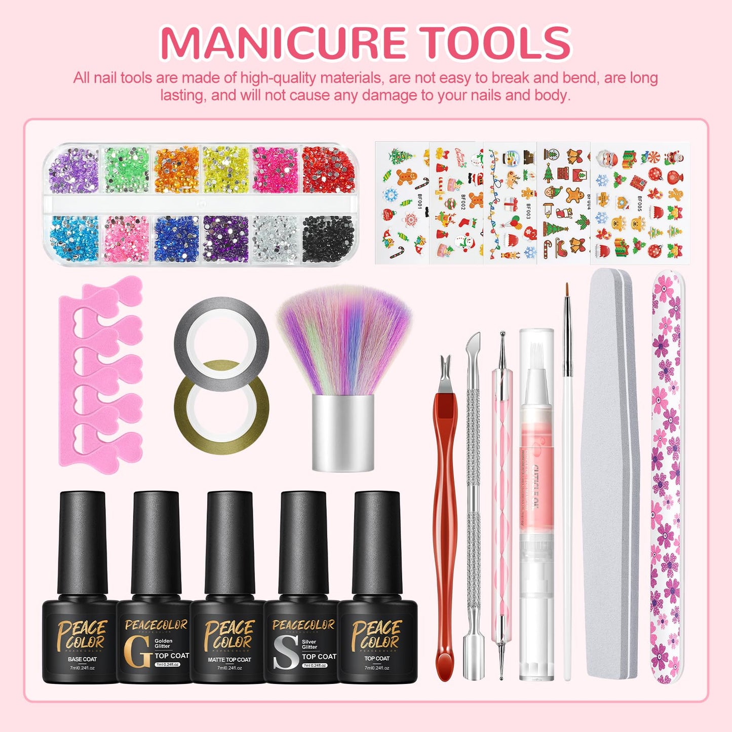 33PCs Gel Nail Polish Kit with U V Light 10 Colors Red Green Pink Gold Silver Sparkle Gel Polish Kit with 5Pcs Glitter/Matte/Glossy Top Base Coat Nail Rhinestones Stickers Manicure Gifts for Women