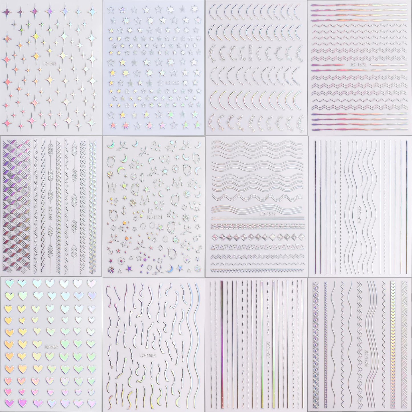 12 Sheets Star Nail Stickers Decals Silver Heart Nail Stickers Geometric Line Nail Decals for Nail Art 3D Self Adhesive Holographic Stripe Nail Designs for Women Nail Art Supplies Decorations