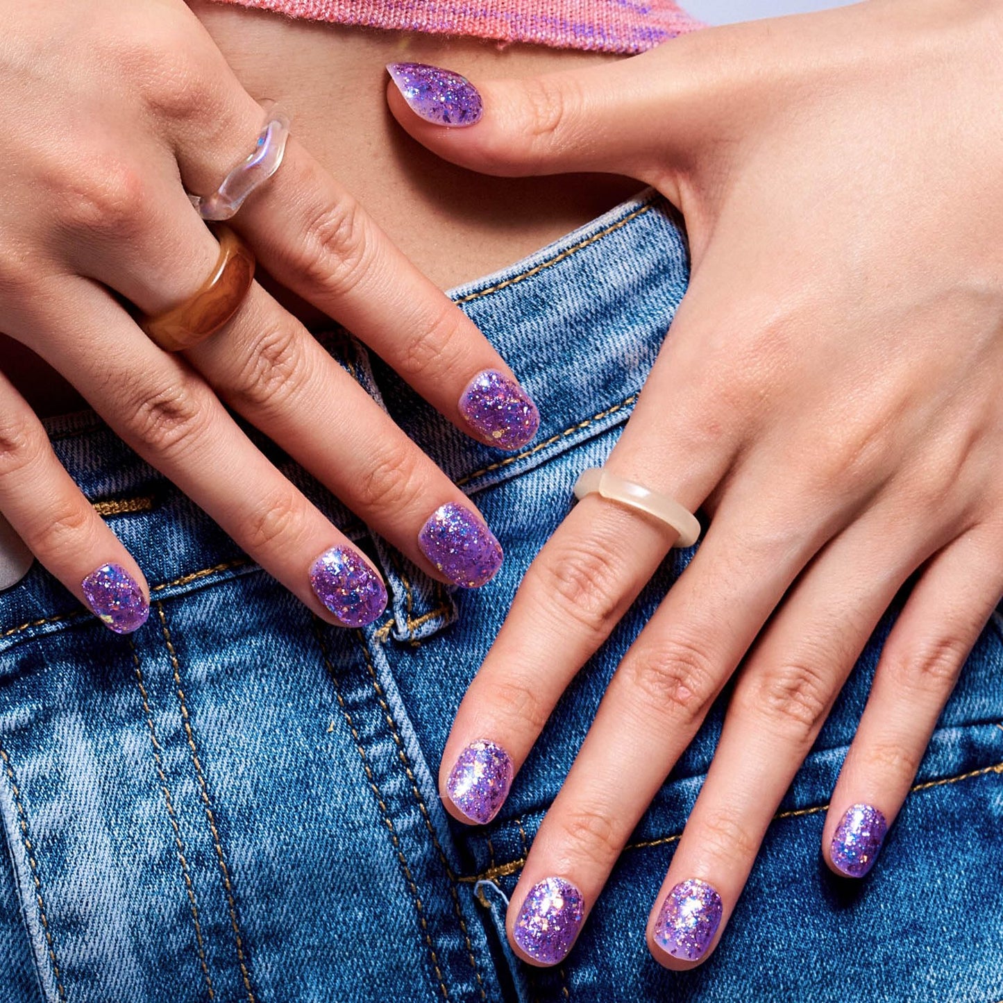 GLAMERMAID Extra Short Press on Nails, Glitter Purple Fake Nails Short Squoval, Natural Round Square Glue on Nails Glossy Gel, Acrylic False Nail Kits for Women, Reusable Stick on Full Cover Nails