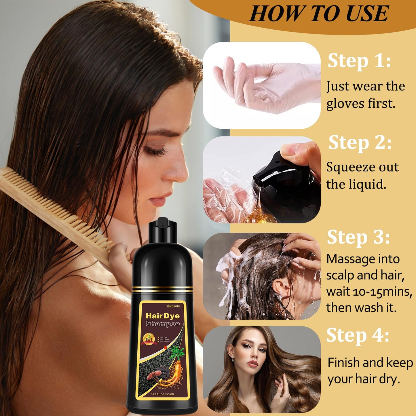 Instant Purple Hair Dye Shampoo for Gray Hair 3 in 1, Natural Hair Color Shampoo for Women Men Colors in 10-15 mins, Hair Paint Long Lasting Hair Dye 16.9 Fl Oz (Purple)