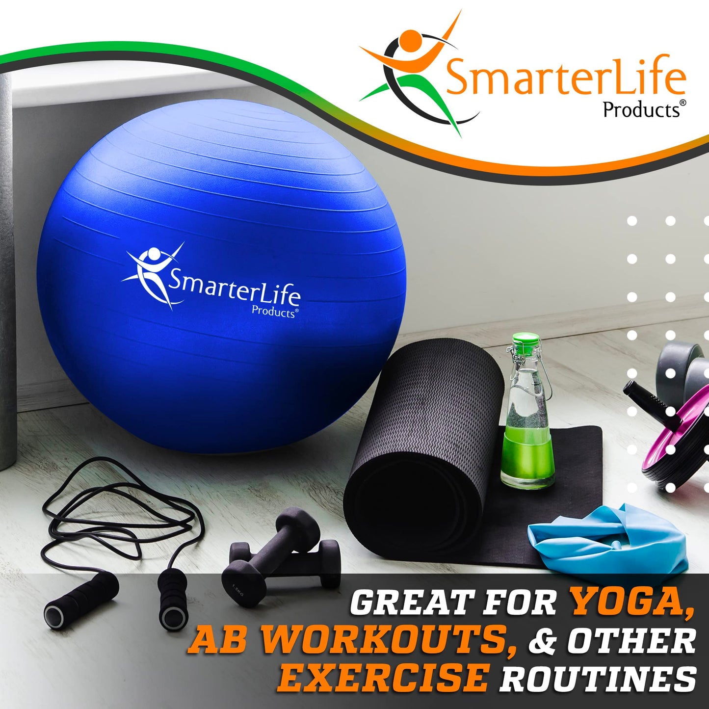 SmarterLife Workout Exercise Ball for Fitness, Yoga, Balance, Stability, or Birthing, Great as Yoga Ball Chair for Office or Exercise Gym Equipment for Home, Non-Slip Design (45 cm, Blue)