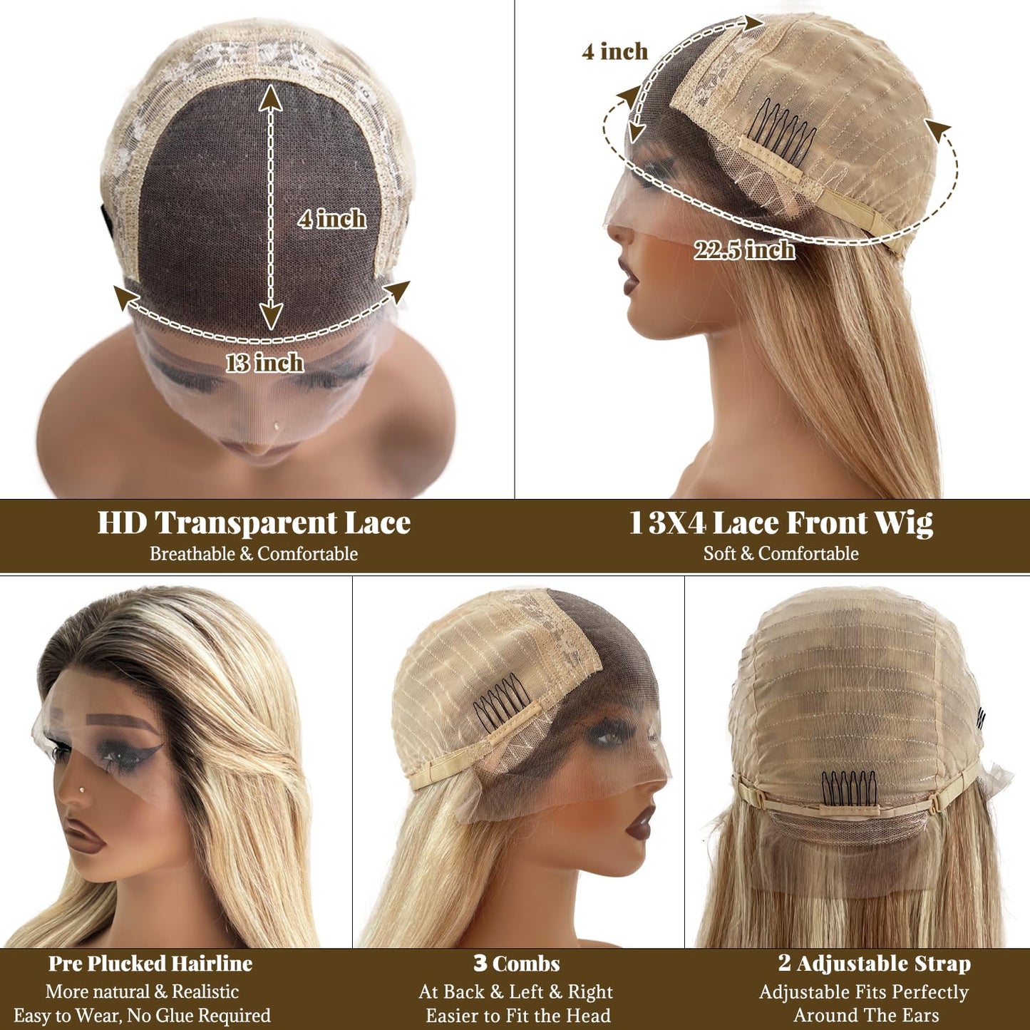 13x4 Highlights Lace Front Wigs Human Hair for Women Honey Blonde Ombre Straight HD Lace Closure Wig Glueless Remy Brazilian Virgin Human Hair 18 Inch Pre Plucked Bleached Knots #4/12/613