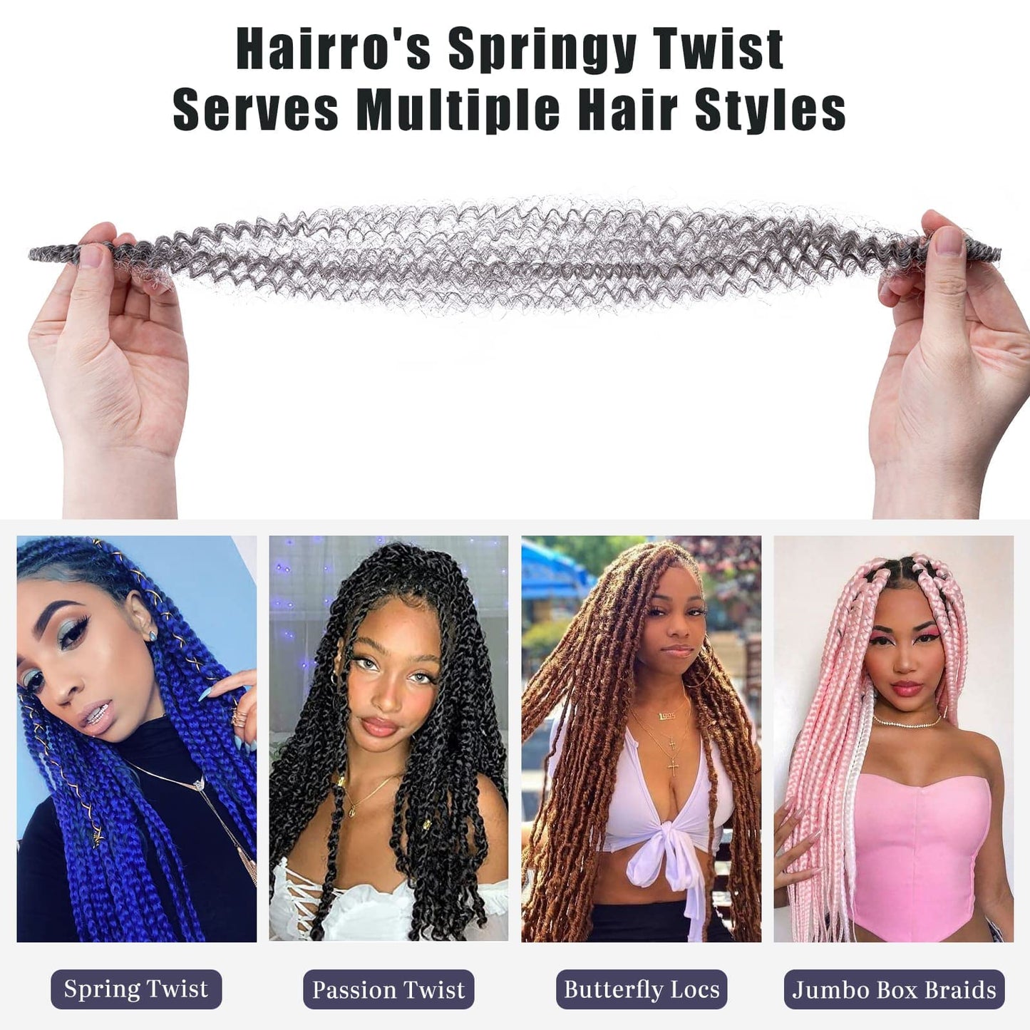 Hairro Passion Twist Hair 16 Inch, Soft Locs Crochet Hair, Pre Separated Springy Afro Twist Hair 4 Packs Marley Twist Braiding Hair for Faux Locs Synthetic Hair Extension for Black Women Grey