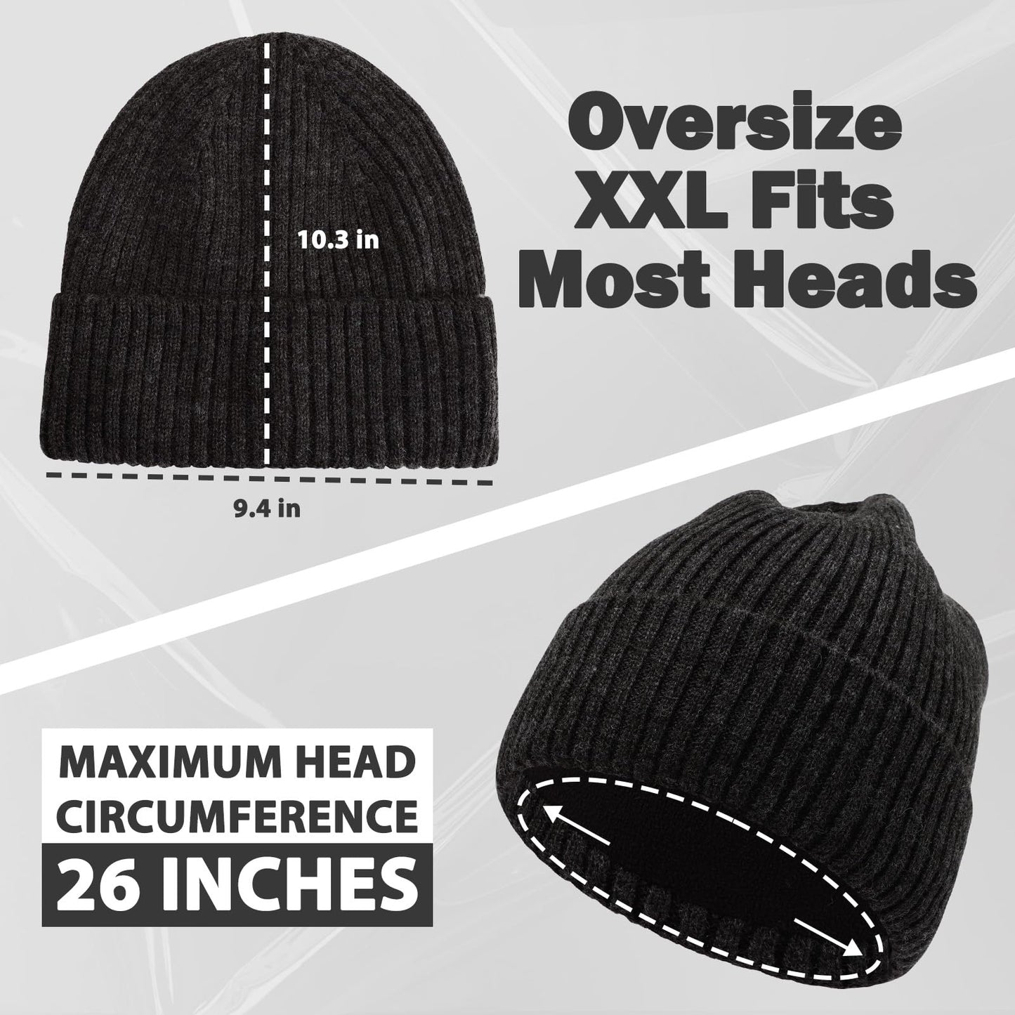 Oversize L/XL/XXL Beanie Hat for Big Heads - Unisex Merino Wool Cuff Beanie Winter Hat for Men and Women Slate Gray