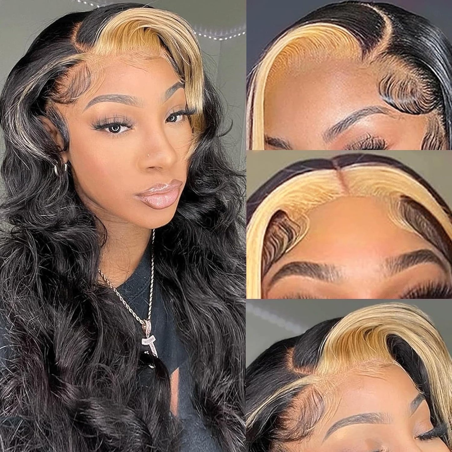 haha Honey Blonde Highlight Lace Front Wig Human Hair 1B/27 Black Light Brown Skunk Stripe Human Hair Wig Lace Front Pre Plucked 13x4 Glueless Body Wave Lace Frontal Wig 32 Inch 180% Density