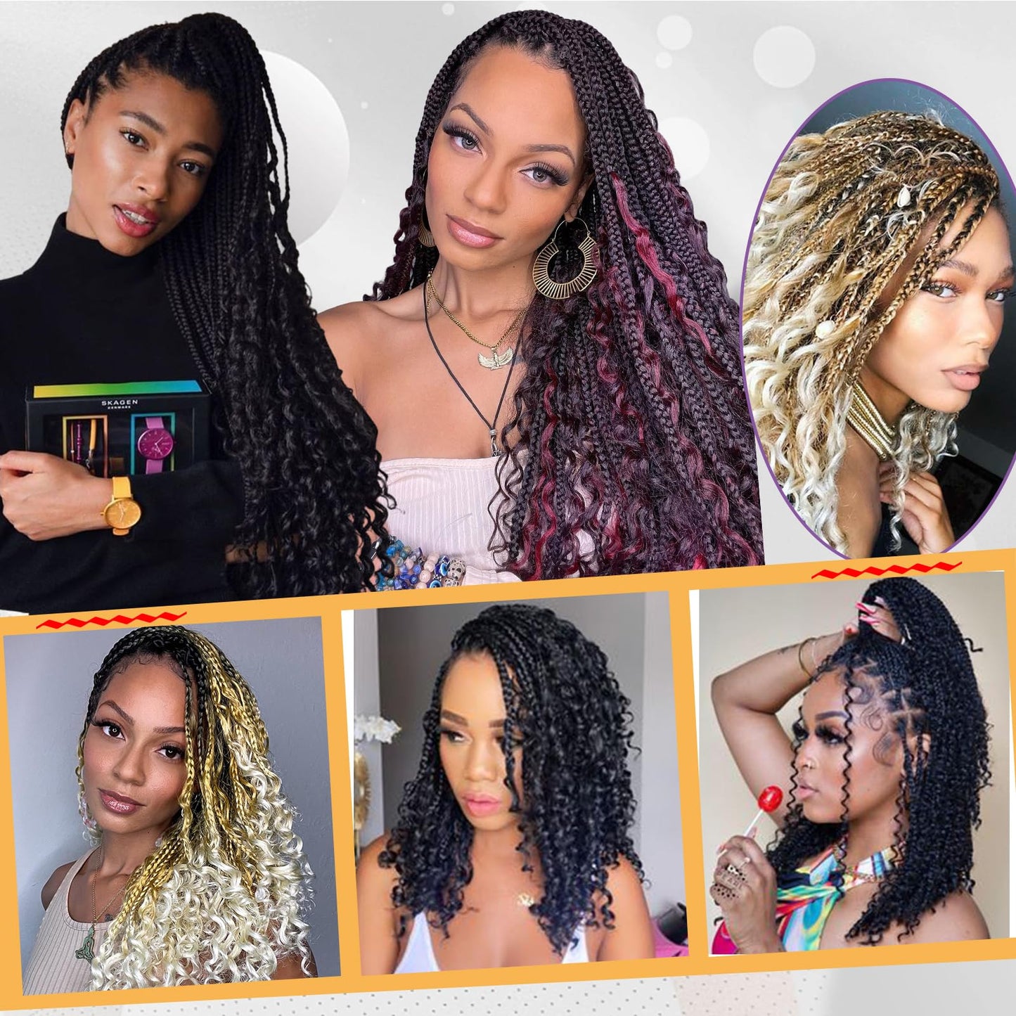 Beverlee 14 Inch Boho Box Braids 8 Packs Goddess Box Braids Crochet Hair Bohemian Hippie Braids Braiding Hair Box Braids with Curly Ends Messy Pre-looped Synthetic Crochet Hair for Women 613#